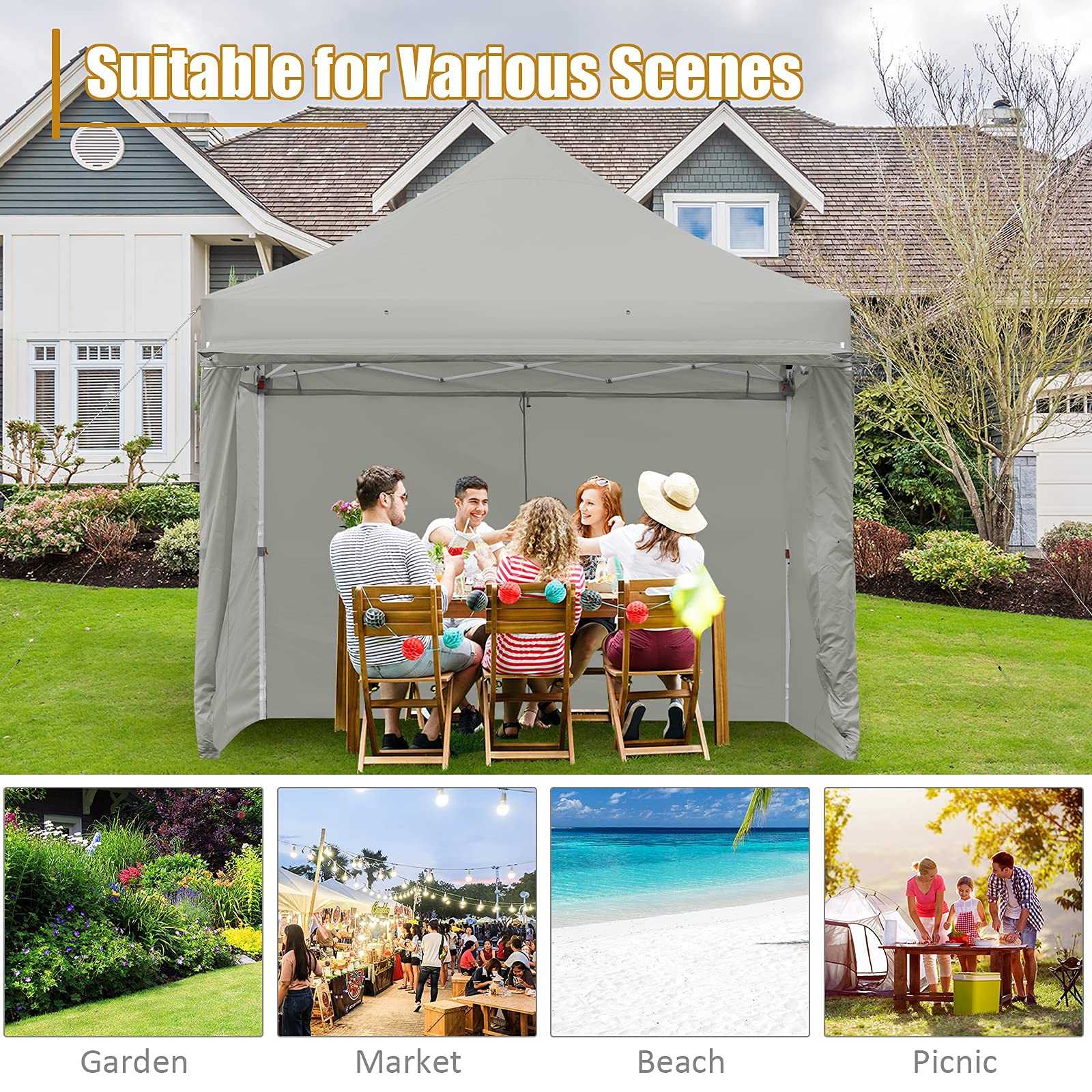 Tangkula 10x10ft Pop Up Canopy Tent - Commercial Instant Shelter with 5 Removable Zippered Sidewalls & Extended Awning - Portable Market Canopy Includes 4 Sand Bags, 8 Stakes, 4 Ropes & Carry Bag - Perfect for Outdoor Events, Farmers Markets, Beach Parties & Camping