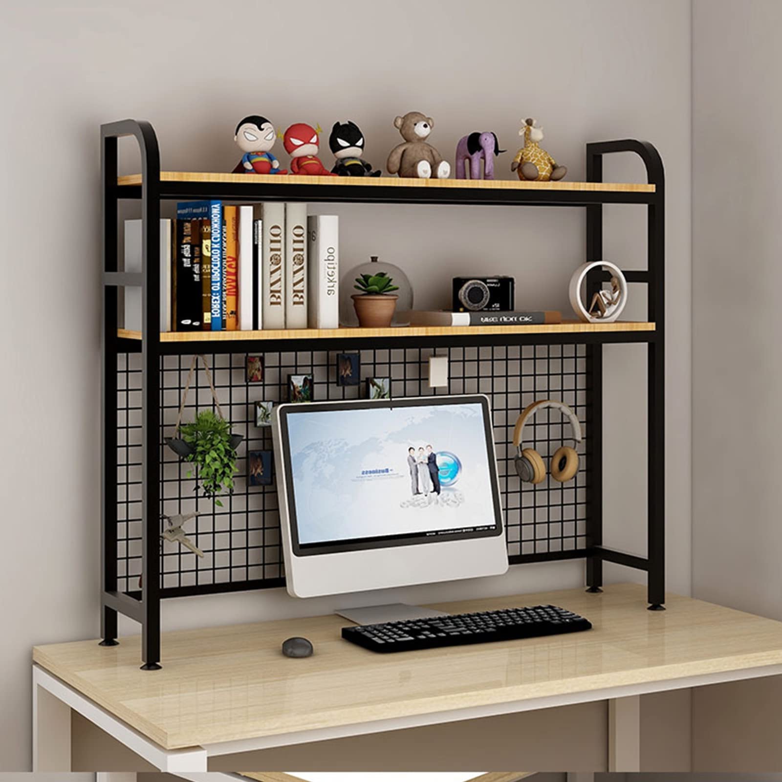 2-Tier Adjustable Display Shelf Rack Organizer - Wooden Desktop Bookcase for Computer Desk, Grid Storage Bookshelf for Home Office Decor | Perfect for Organizing Books, Office Supplies & Decorative Items in Dorm, Study or Workspace