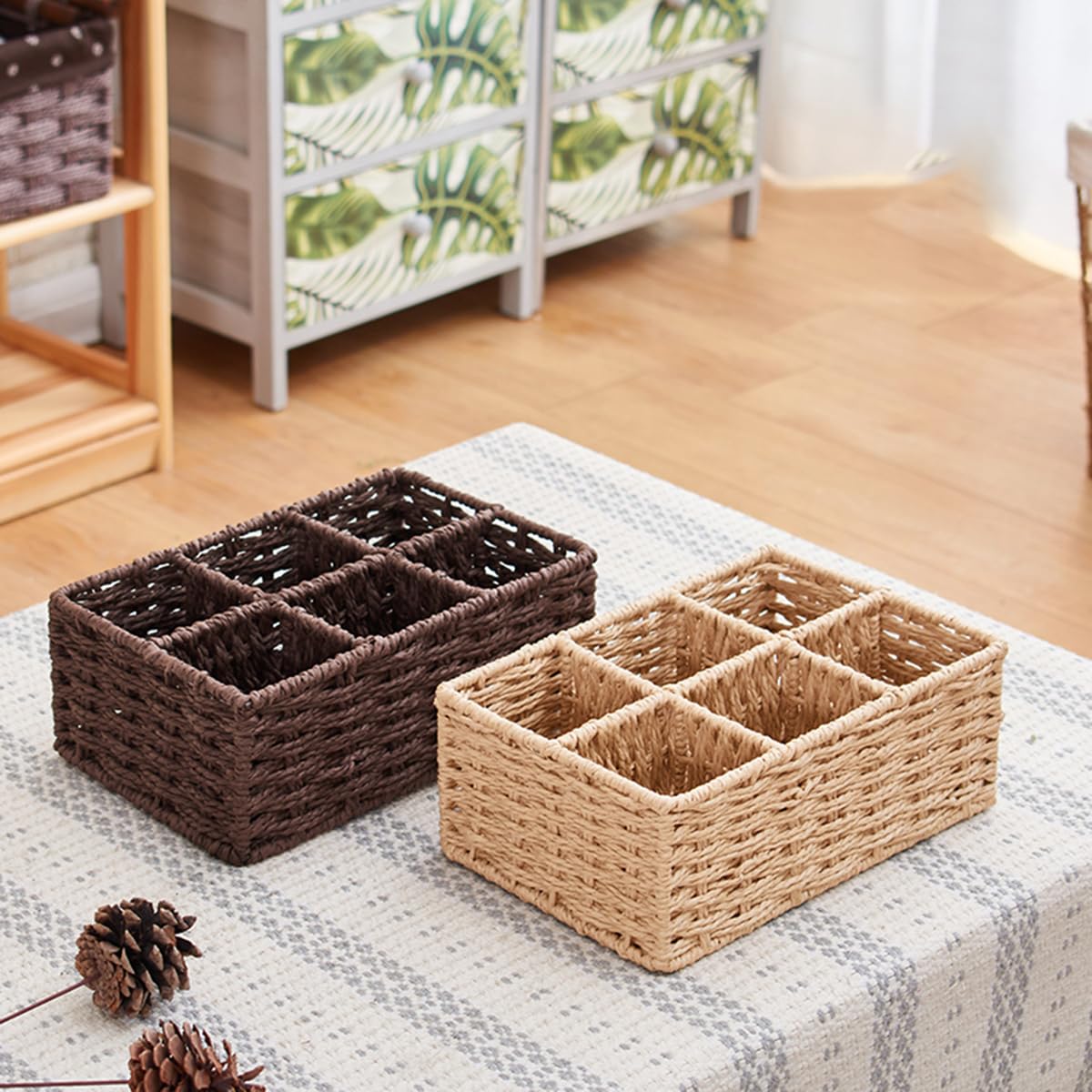 6-Grid Rattan Storage Box for Desk - Phone & Remote Holder - Office & Home Use (Khaki)