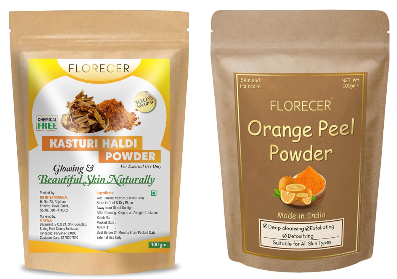 Florecer Kasturi Haldi Turmeric Powder for Face & Skin Care - 100g | Orange Peel Powder for Glowing Complexion | Natural Beauty Treatment for Acne, Dark Spots & Brightening