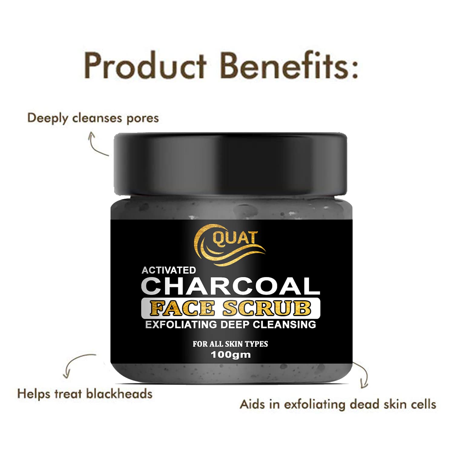 Quat Charcoal Face Scrub for Glowing Skin - Deep Cleansing Exfoliator for Oily & Dry Skin - 100g Natural Skincare for Women & Men - Perfect for Daily Face Wash & Blackhead Removal