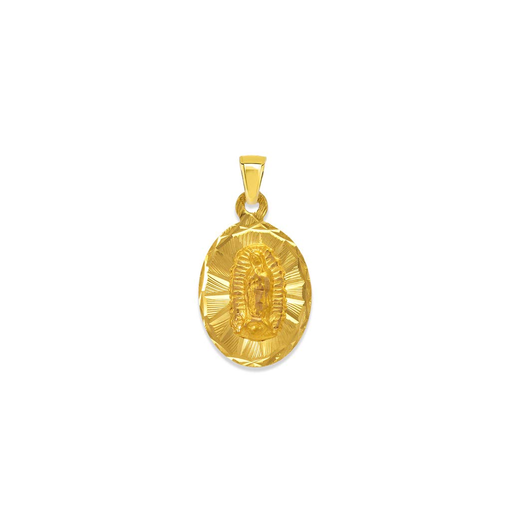 14K Yellow Gold Oval Guadalupe & Sacred Heart Two-Sided Catholic Pendant Necklace for Women & Men - 8x11MM Religious Jewelry Gift for Baptism, First Communion & Faith Devotion