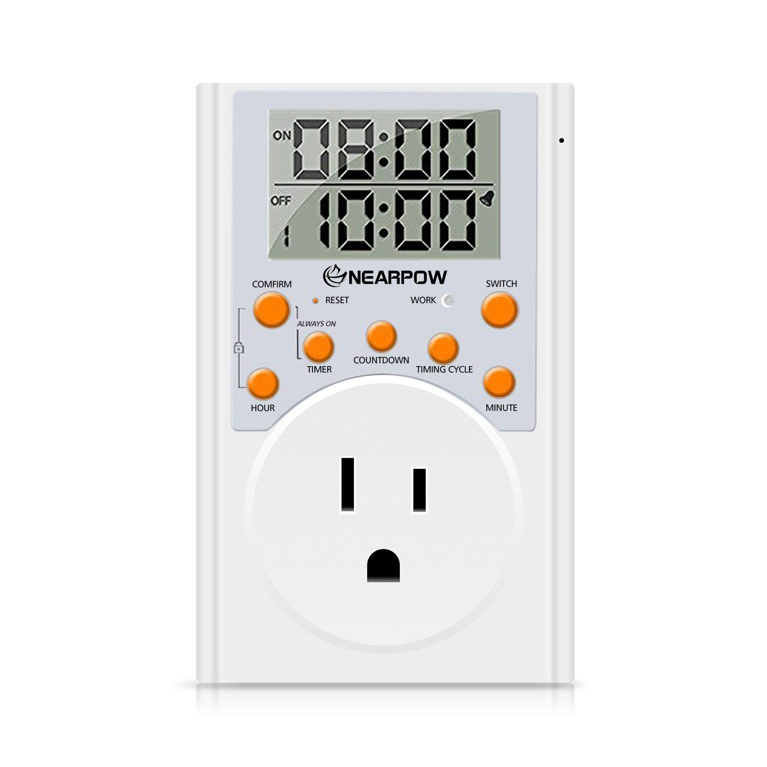 Nearpow Programmable Digital Timer Switch - 15A/1800W 3-Prong Outlet with Infinite Cycle Setting for Appliances | Energy Saving Electrical Timer for Home, Christmas Lights & Aquarium | Perfect for Scheduling Lamps, Fans & Holiday Decorations