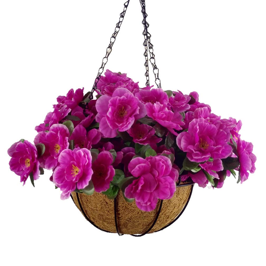 Set of 12 Artificial Azalea Flowers with Hanging Flower Pot & Chain - UV Resistant Outdoor Decor for Patio, Garden, Porch & Balcony - Large Wicker Basket & Lifelike Silk Flowers
