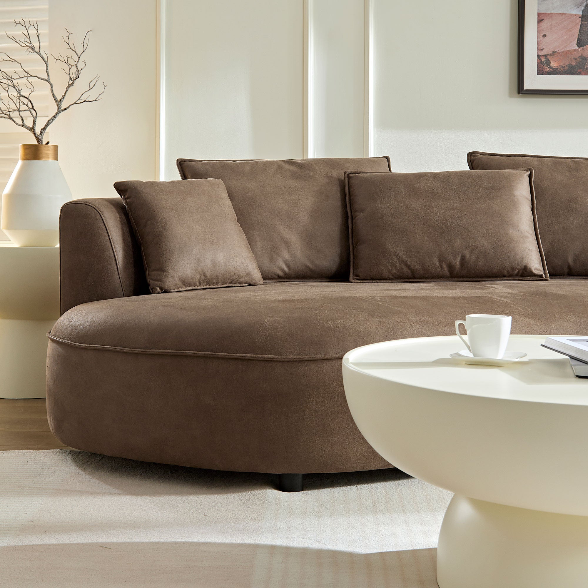 128.74 Inch Modern Sectional Curved Sofa Couch - Leathaire Upholstered 5-Seater Living Room Sofa Set in Brown | Comfortable Technology Fabric for Apartments, Offices & Home Theater Lounging
