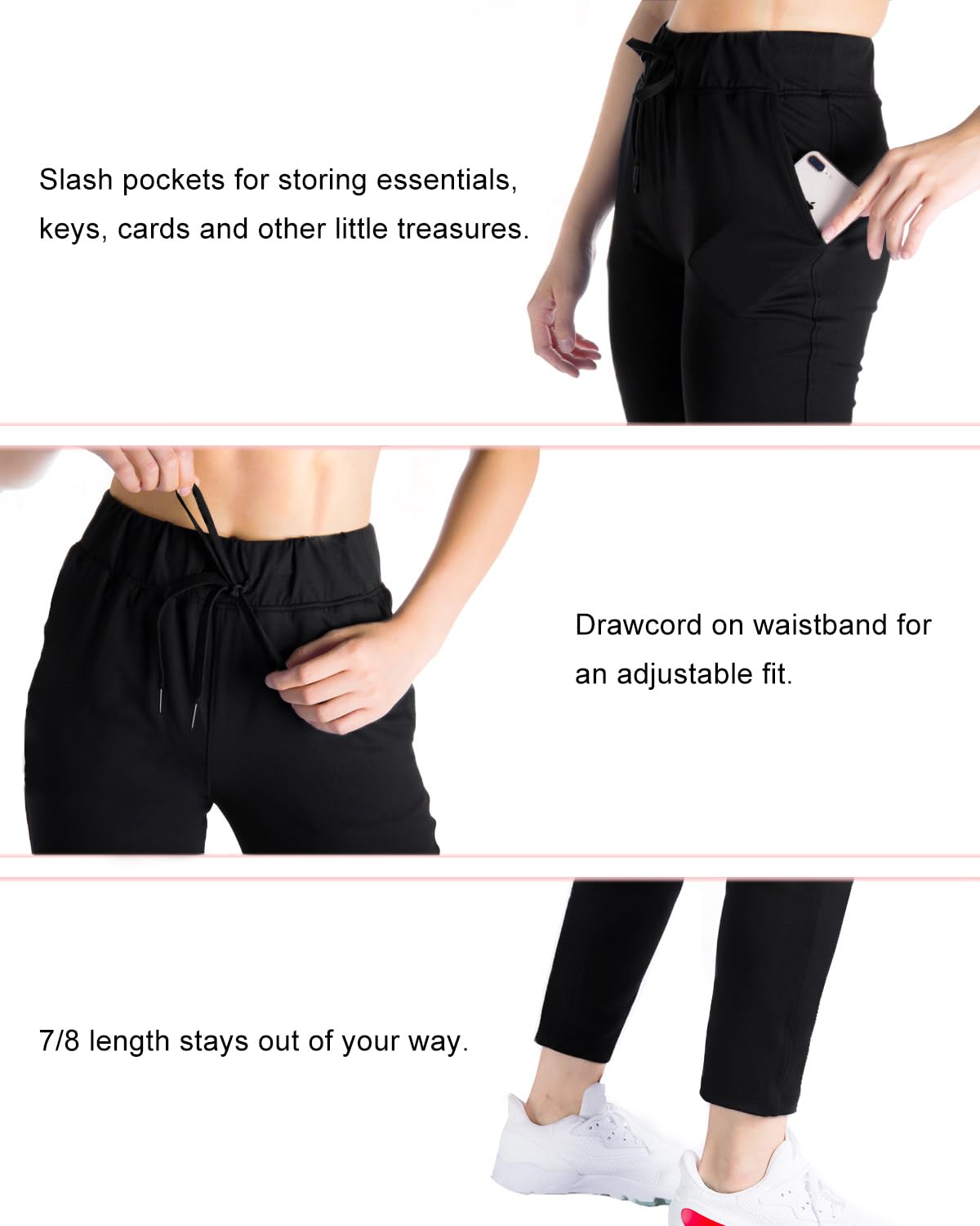 Yogipace Women's 7/8 On The Fly Pants - Petite/Regular/Tall Sizes, Drawstring Waist, Casual Lounge Joggers, Comfortable Travel Sweatpants for Workout, Yoga, Running & Everyday Wear