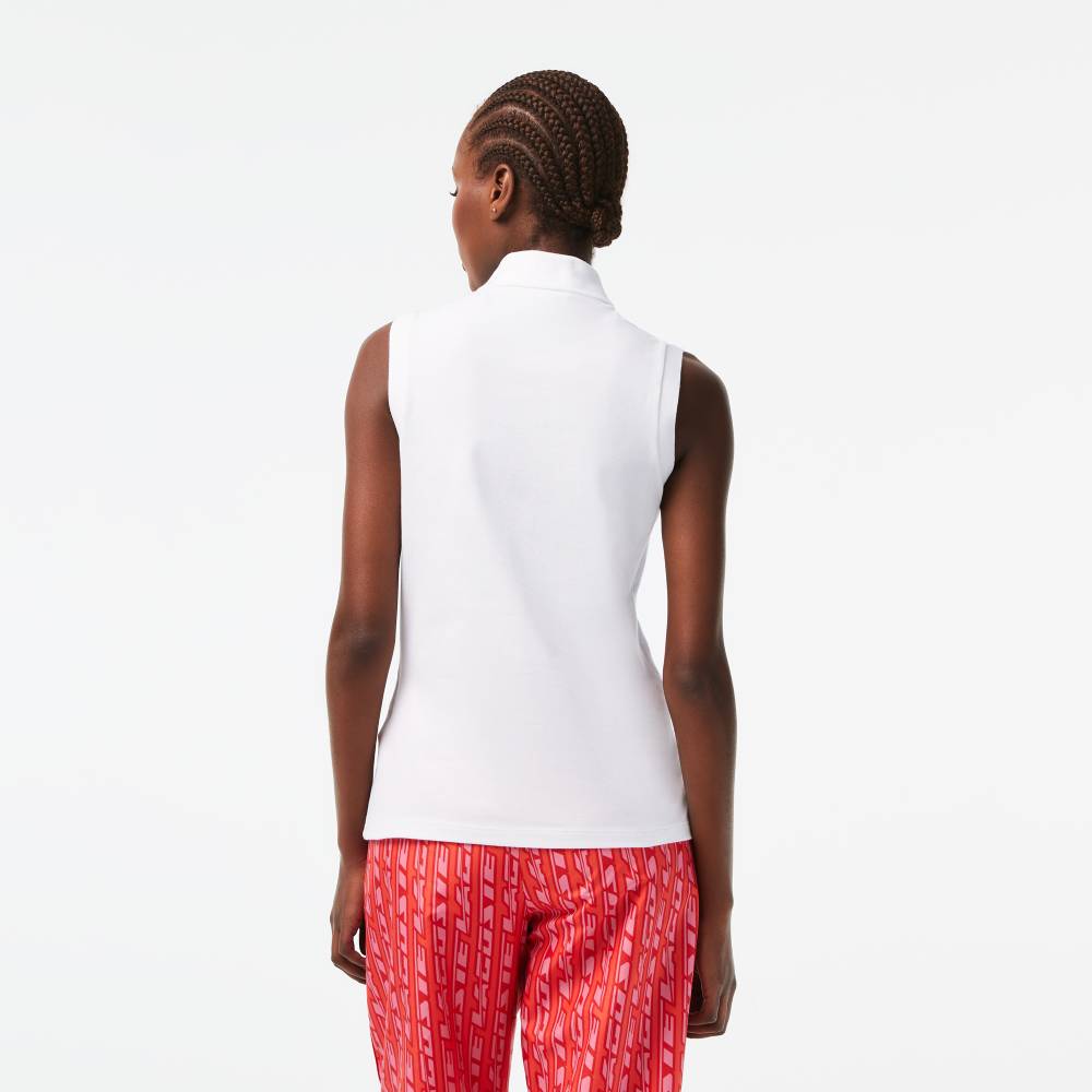 Lacoste Women's Slim Fit Sleeveless Cotton Pique Polo Tank Top - Breathable Summer Casual Wear for Golf, Tennis & Beach (White)
