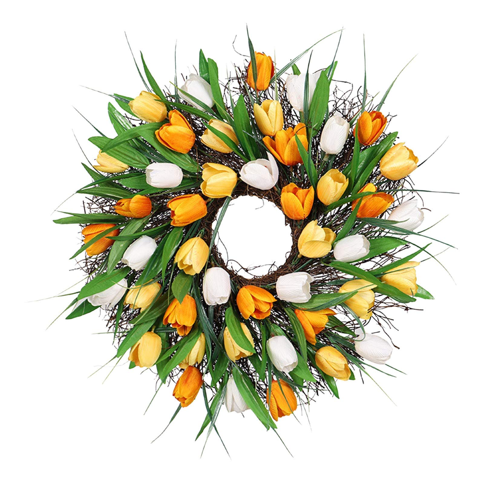 17 Inch Artificial Tulip Wreath - Multicolor Flower Simulation with Long Leaves - Farmhouse Floral Garland for Wall, Door, Window Decor - Perfect for Spring, Outdoor, and Home Decorating