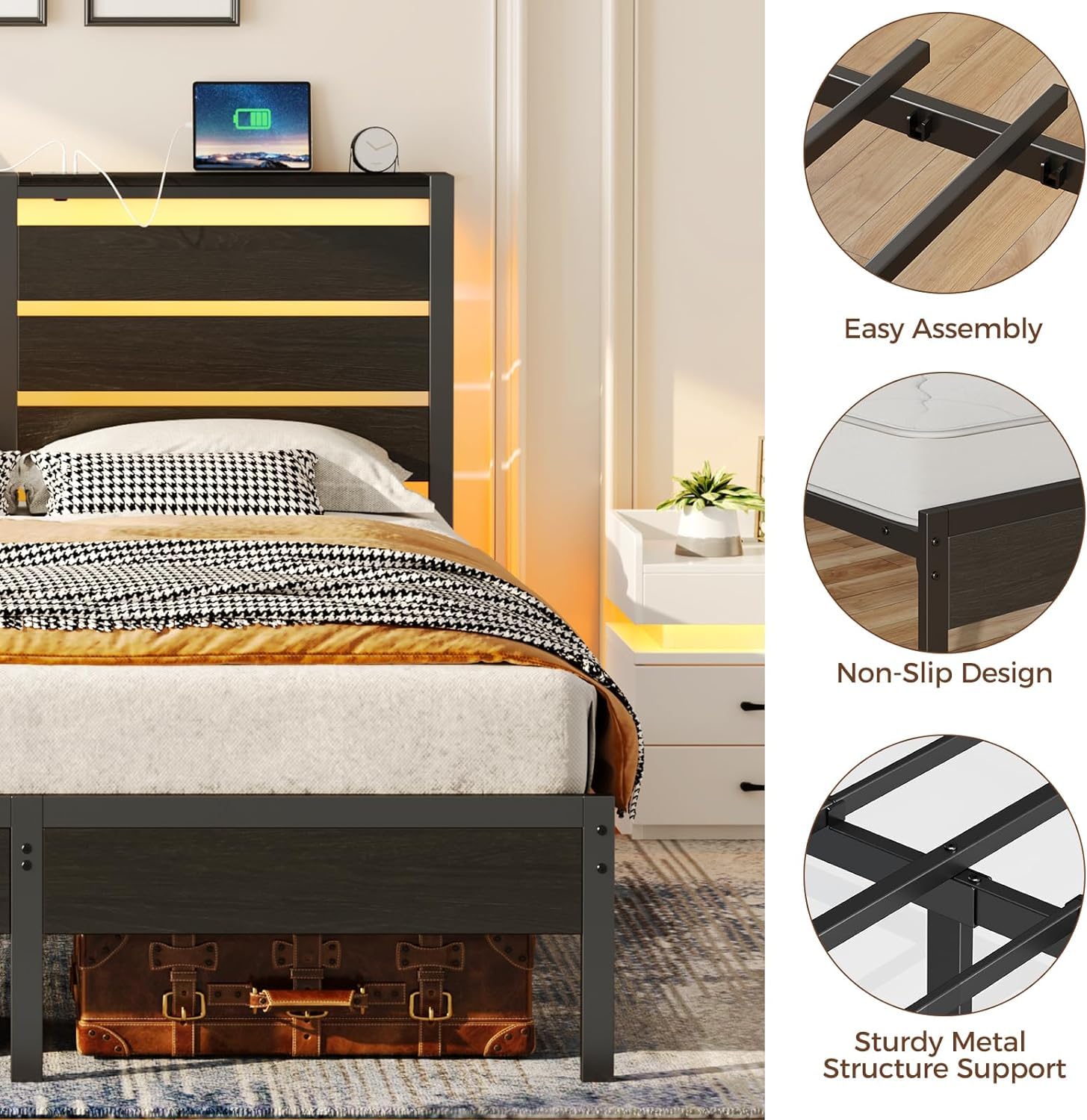 **Rolanstar Twin Size Bed Frame with USB Charging & LED Lights, Wood Storage Headboard, Black Metal Platform Bed - Under Bed Storage, No Box Spring Needed, Noise-Free - Perfect for Small Bedrooms, Dorms & Guest Rooms**