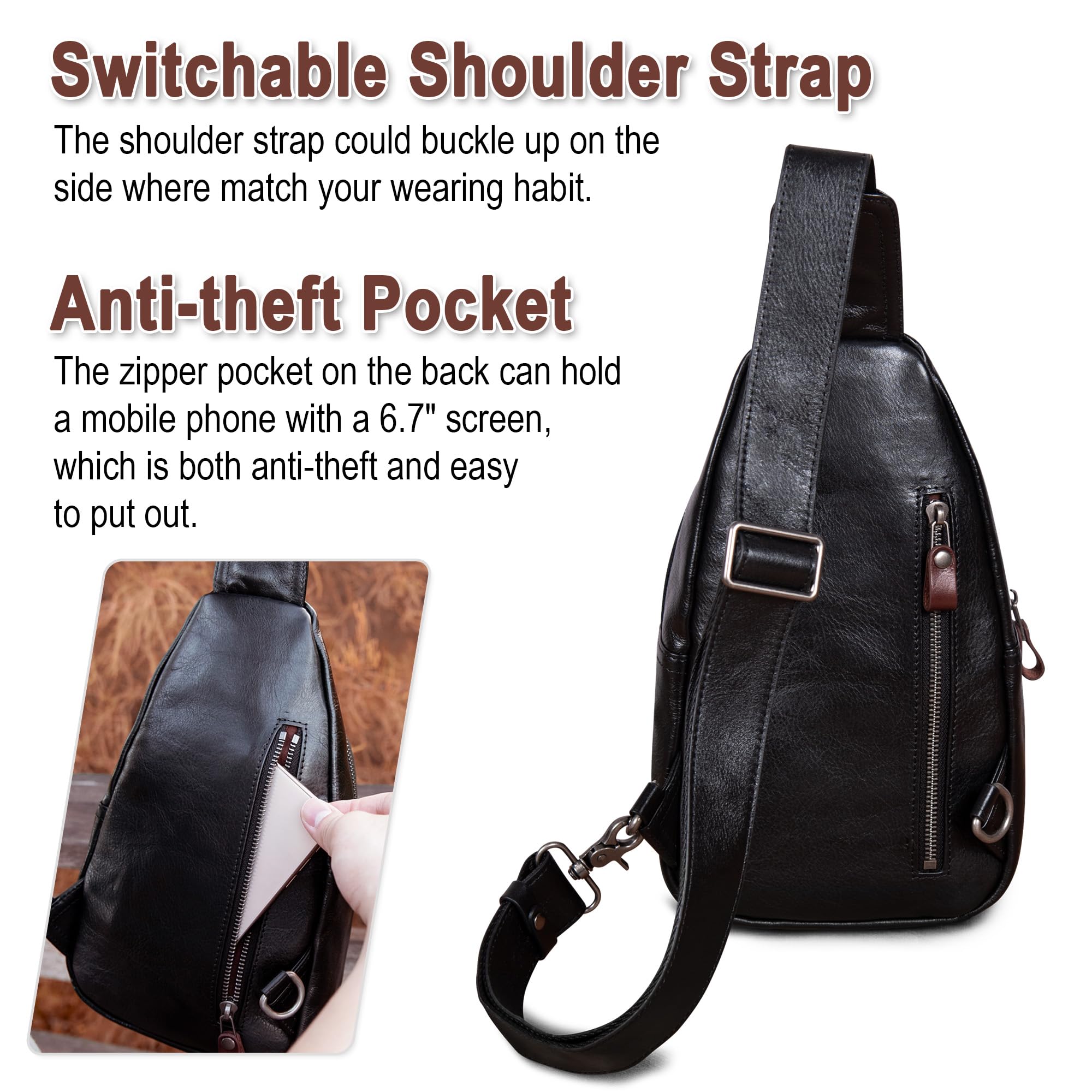 Genuine Leather Crossbody Sling Bag for Men & Women - Adjustable Shoulder Strap Chest Purse Backpack - Perfect for Travel, Work & Everyday Use