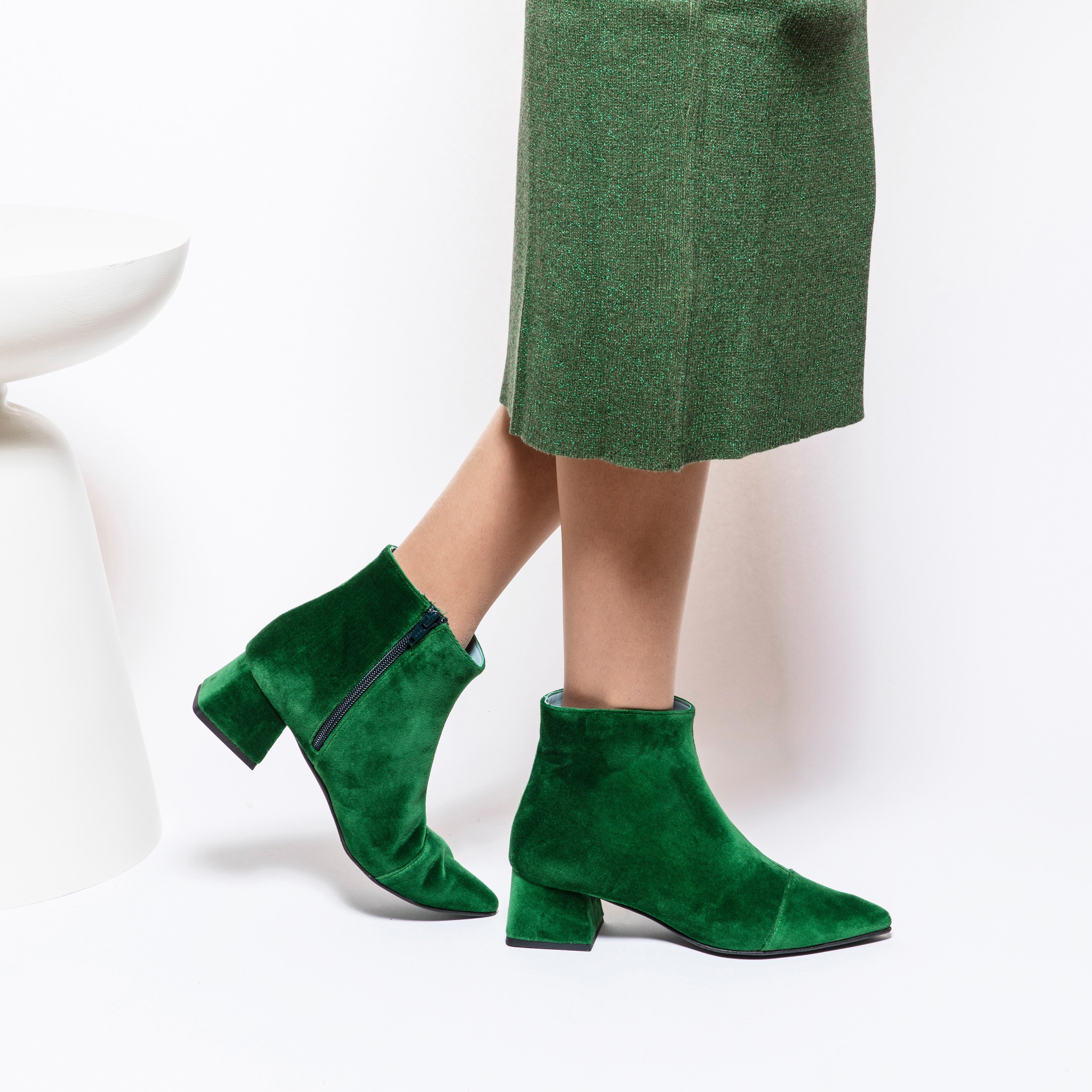 Vegan Velvet Ankle Boots for Women - Comfortable Green Dahlia Booties for Fall & Winter | Perfect for Casual Outfits, Office Wear & Holiday Parties