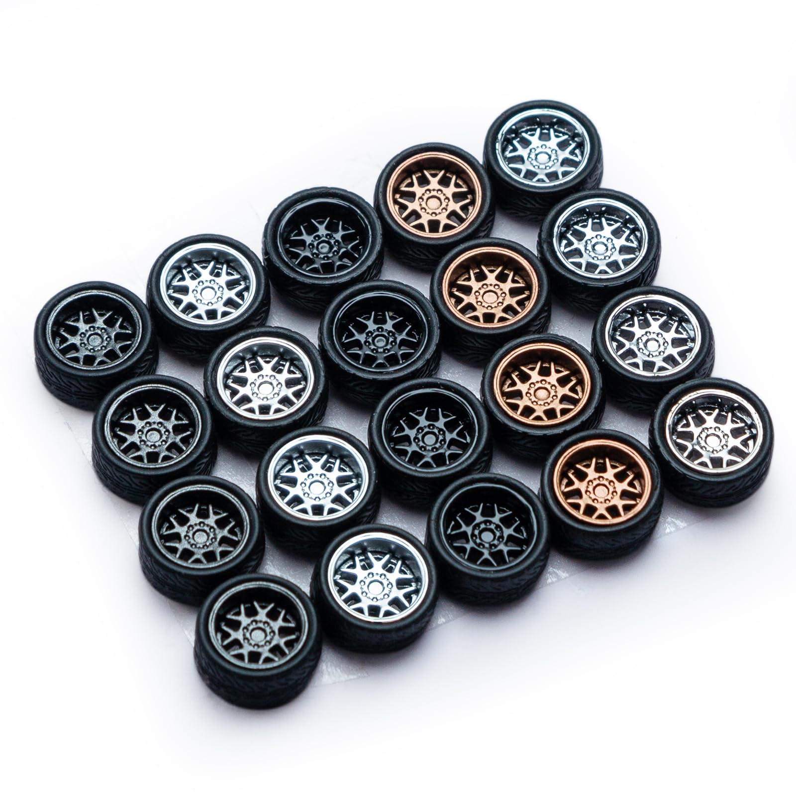 1/64 Scale Wheels for Hot Wheels - ABS Injection Rubber Tires - 5 Sets (Style R) - Perfect for Die-Cast Model Modification & Miniature Scene Production - Ideal for Collectors, Custom Builds, and Diorama Displays