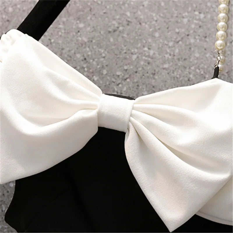 Sexy Black Strap Dress for Women - Bowknot Sleeveless High Waist Short Dress with Diagonal Collar - Elegant Summer Party Clubwear & Beach Dress