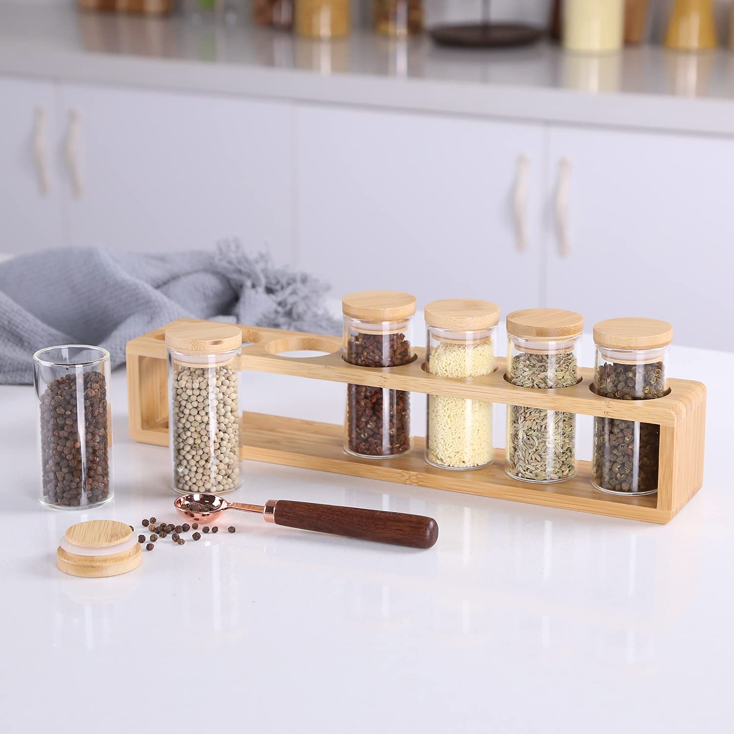 KKC HOME ACCENTS 6-Piece Glass Spice Jars Set with Bamboo Lids, Wooden Rack & Measuring Spoon - 3.4oz Airtight Kitchen Spice Containers for Countertop Organization | Perfect for Cooking, Baking & Pantry Storage
