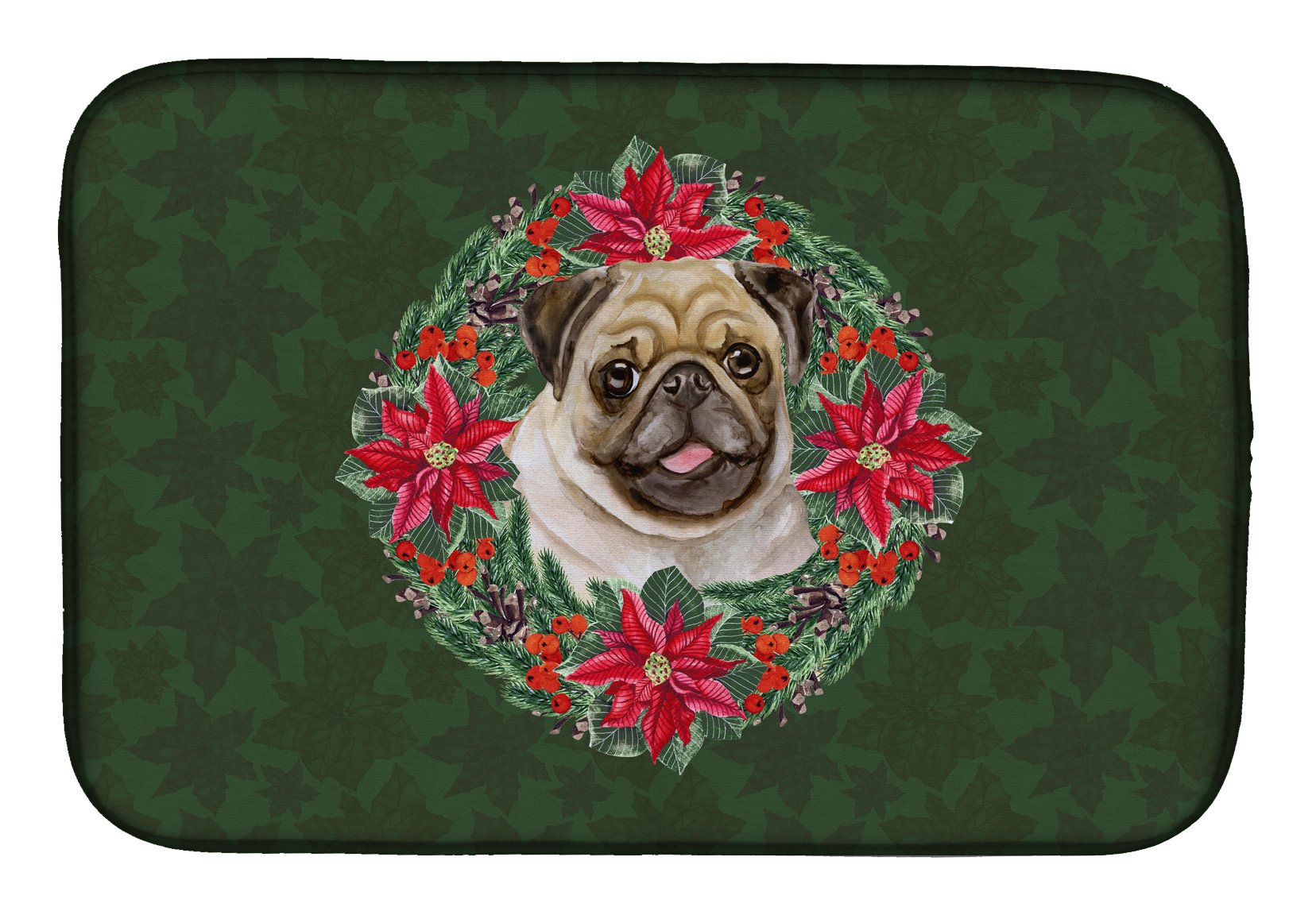 Pug Poinsettia Wreath Dish Drying Mat - Absorbent Kitchen Counter Mat (14x21