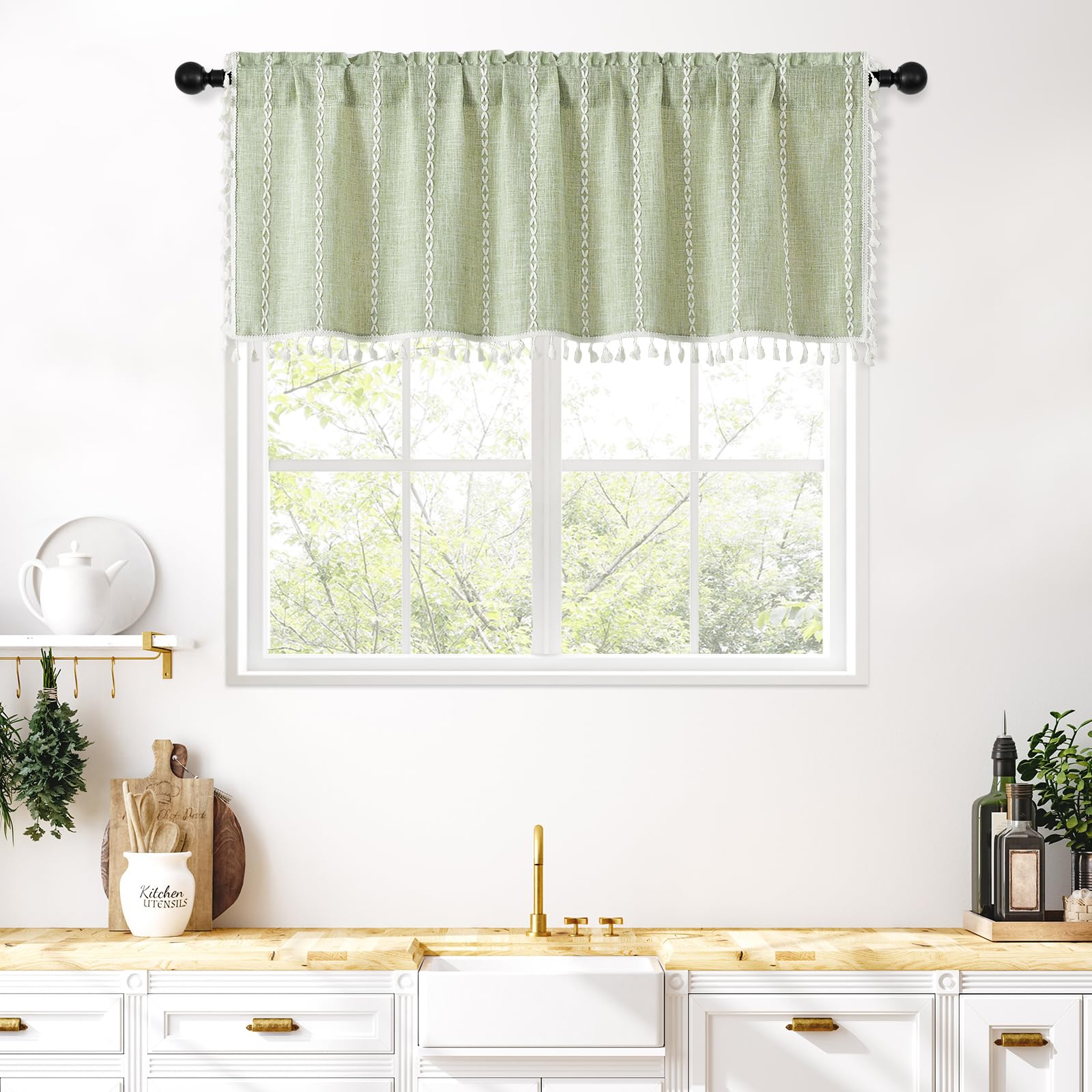 Boho Farmhouse Kitchen Valance Curtains - Sage Green French Country Window Valance for Living Room & Bedroom, 52