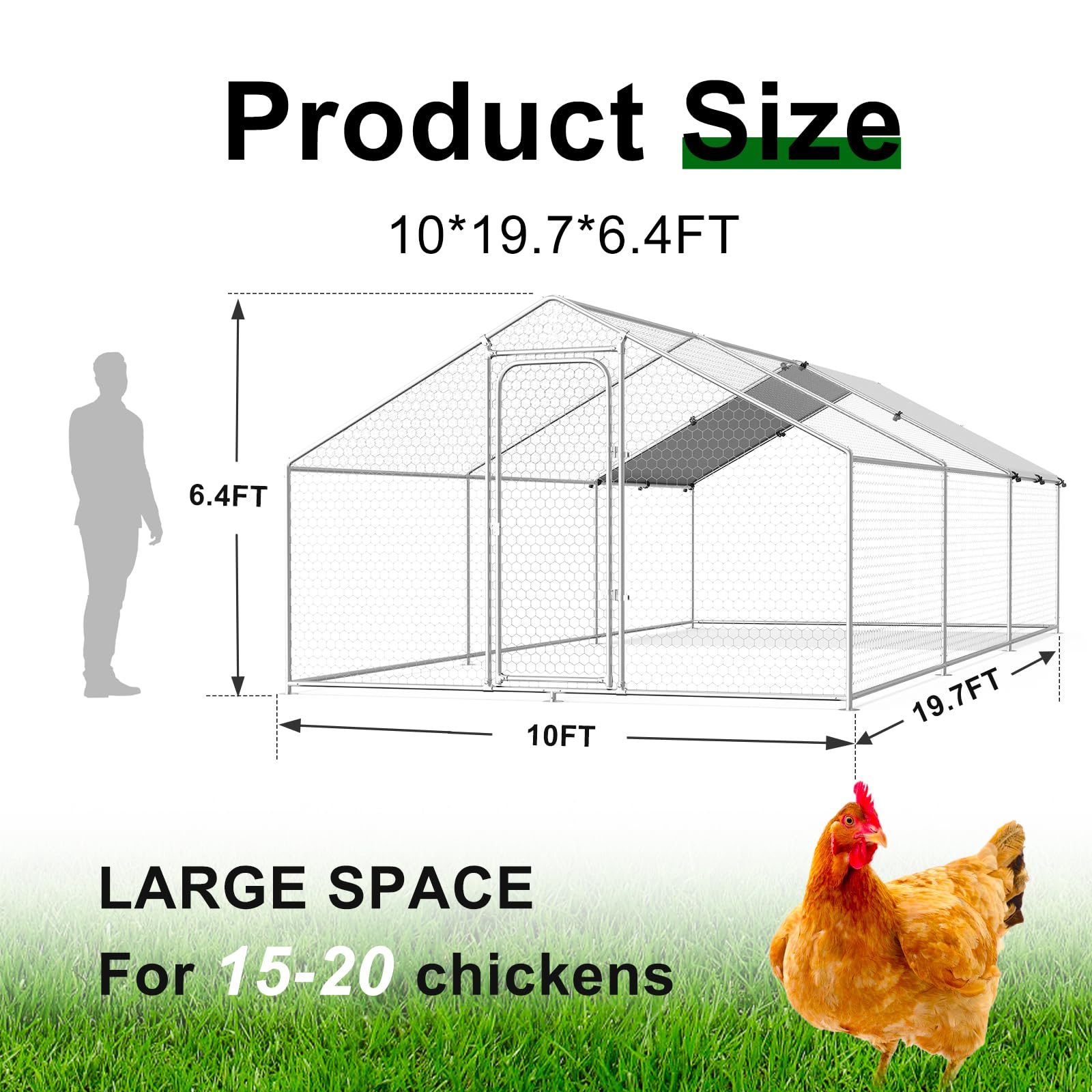 Large Walk-in Metal Chicken Coop - 9.8'L x 19.7'W x 6.4'H Poultry Cage with Waterproof UV-Resistant Cover for Hens, Ducks & Rabbits - Durable Backyard Farm & Garden Enclosure for Animal Protection & Free Roaming