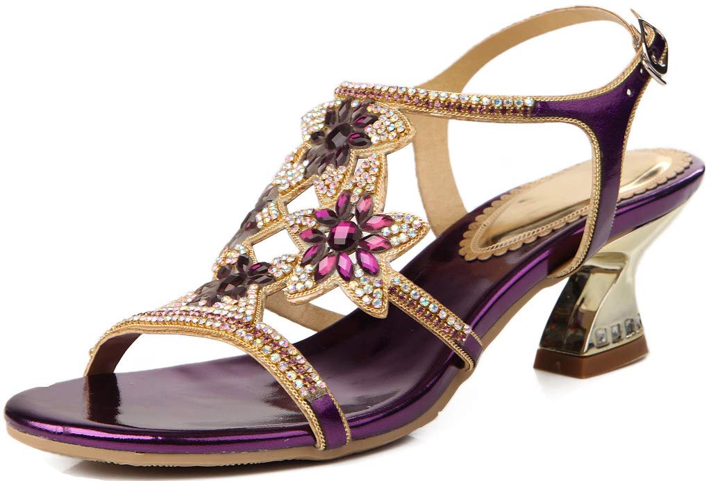 YooPrettyz Women's Beaded Floral Sandals - Strappy Evening Heels with Chunky Low Heel for Weddings, Parties & Special Occasions