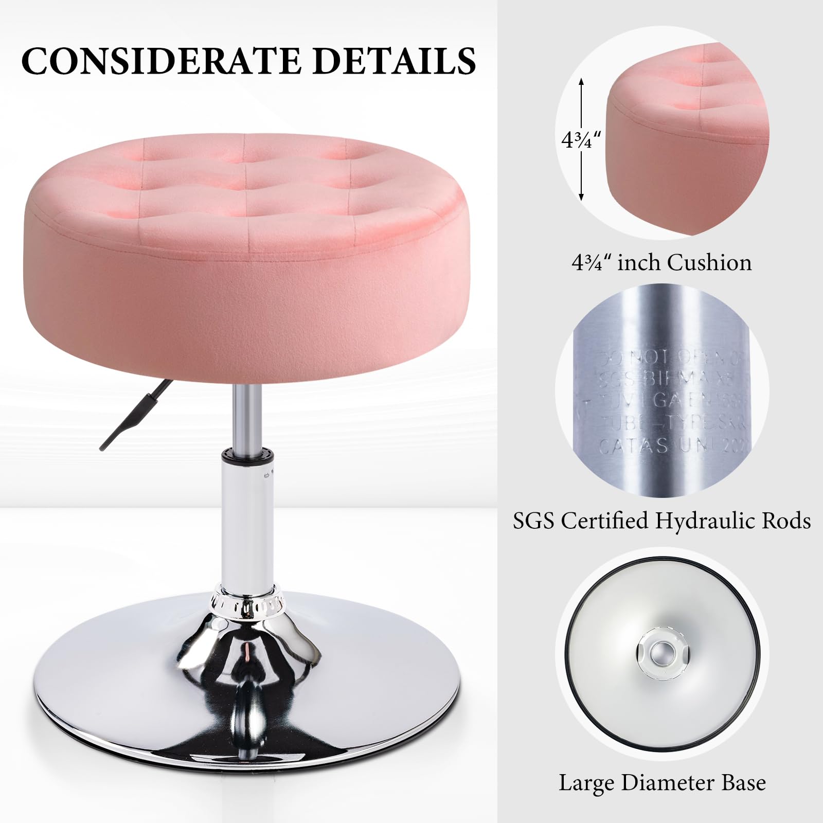 Furniliving Mid-Century Velvet Tufted Makeup Vanity Stool with 360° Swivel - Adjustable Modern Large Vanity Chair for Bedroom, Living Room & Bathroom - Soft Pink Velvet Upholstery | Perfect for Dressing Tables, Makeup Stations & Home Decor