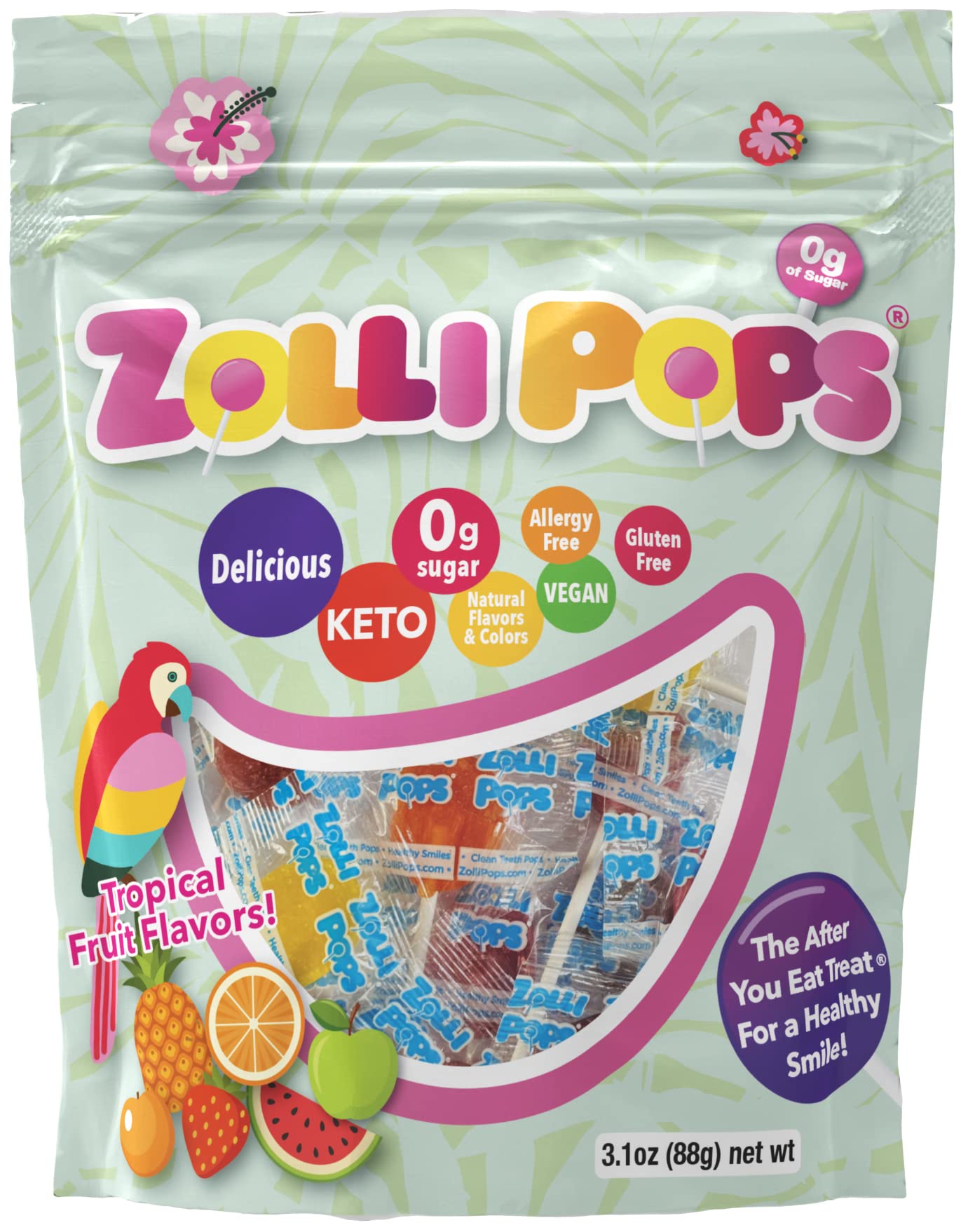 Zollipops Sugar Free Lollipops for Kids - Natural Anti Cavity Candy with Tropical Flavors (3.1oz) | Dentist Recommended Healthy Treat for Teeth | Perfect for Birthday Parties, School Rewards & Halloween Treats