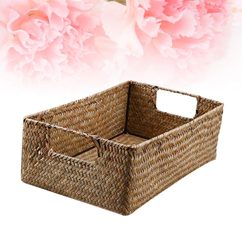 Amosfun Woven Seagrass Storage Basket with Lid - Large & Small Rectangular Organizer for Home, Bathroom, or Office - Handmade Retro Wicker Bin for Sundries, Toys, and Household Items