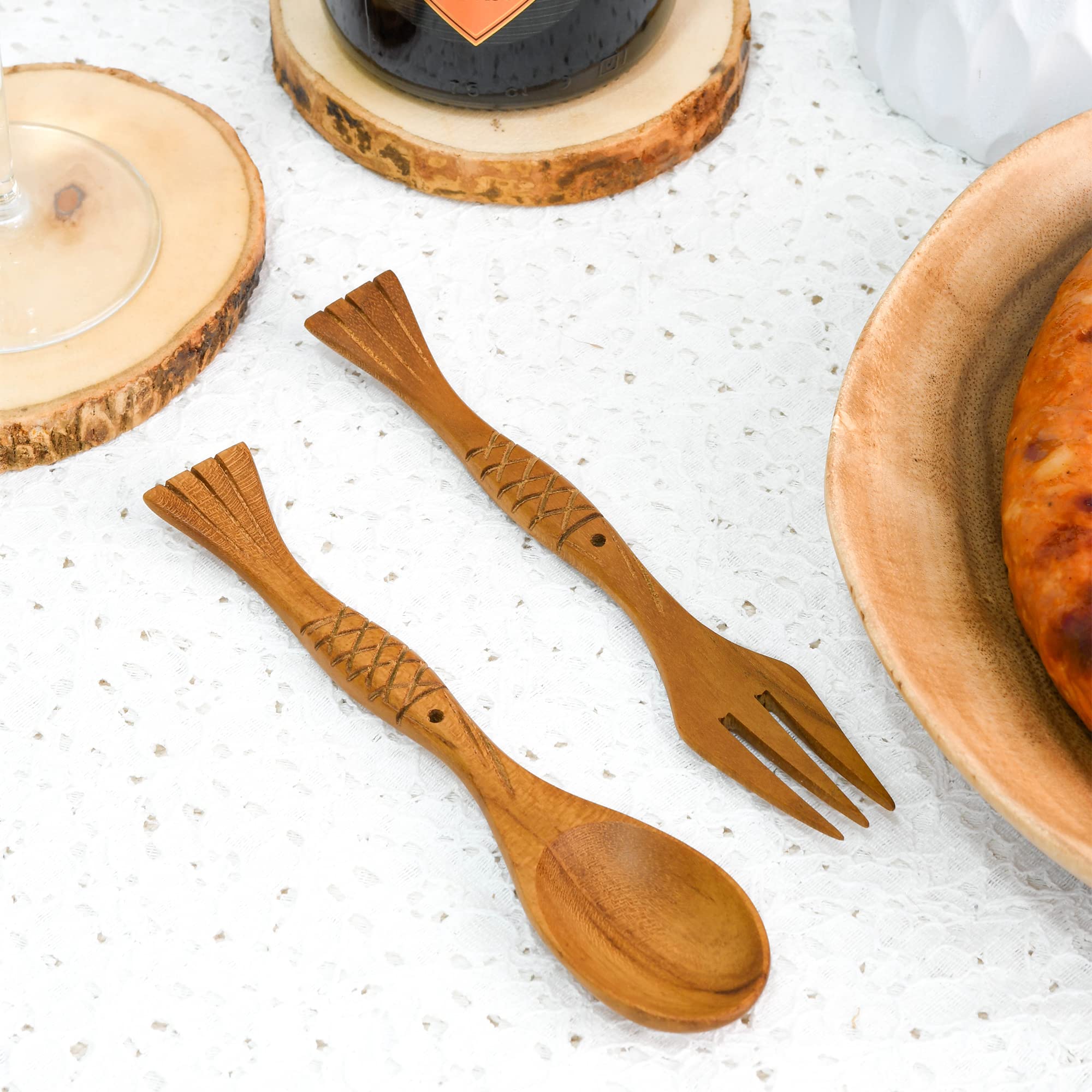 AeraVida Stylish Teak Wood Spoon and Fork Set - Handcrafted Fish Carved Cutlery for Lunch Box, Picnics, Camping & Travel | Eco-Friendly Wooden Utensils | Durable & Lightweight Dining Set