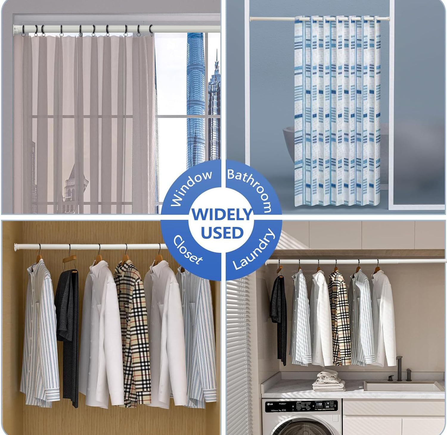 Adjustable Heavy Duty Closet Rod 17-38 Inch - 1.3 Inch Diameter White Closet Hanging Pole for Wardrobes, Bathroom & Windows - Perfect for Organizing Clothes, Curtains & Storage Spaces