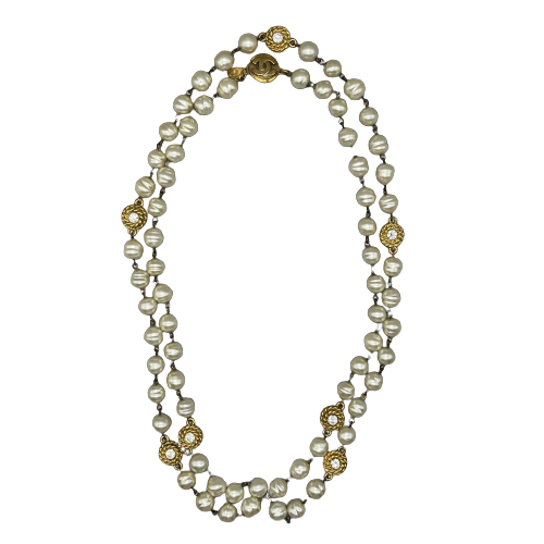 Vintage 80s CHANEL Pearl & Crystal Gold Necklace - Elegant Retro Jewelry for Women, Perfect for Parties, Weddings & Special Occasions