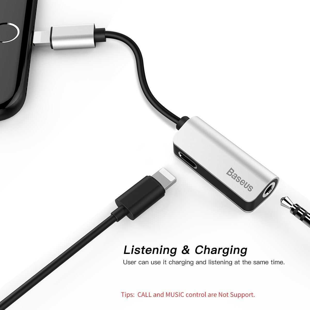 Baseus L32 IP M to 3.5mm Audio Adapter with IP F Connector - Silver | Waterproof Audio Jack for iPhone, Android & Headphones | Perfect for Swimming, Running & Outdoor Activities
