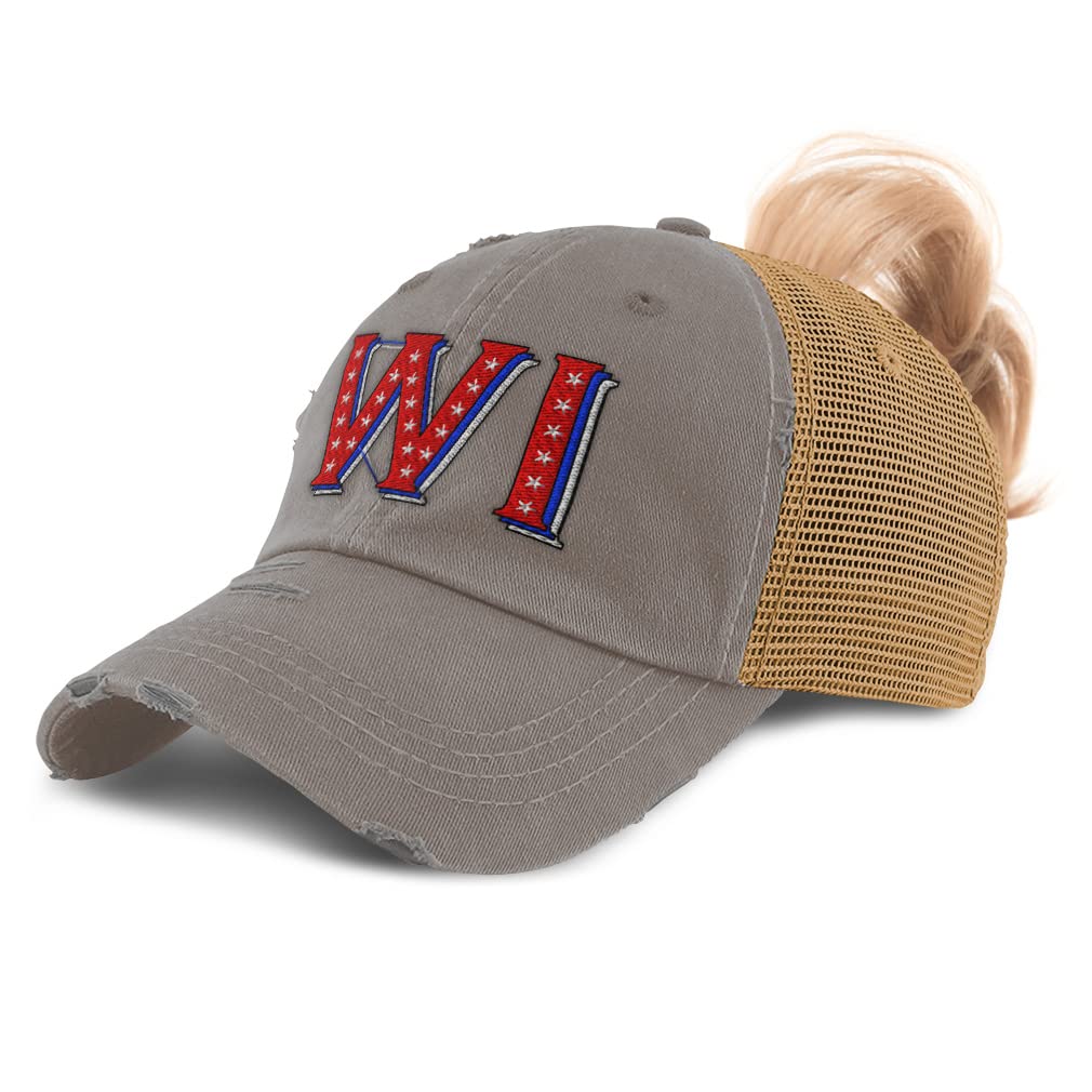Women's Distressed Trucker Cap with Wisconsin Red Flag Stars - Milwaukee Style Ponytail Hat for Casual Outfits & Outdoor Activities