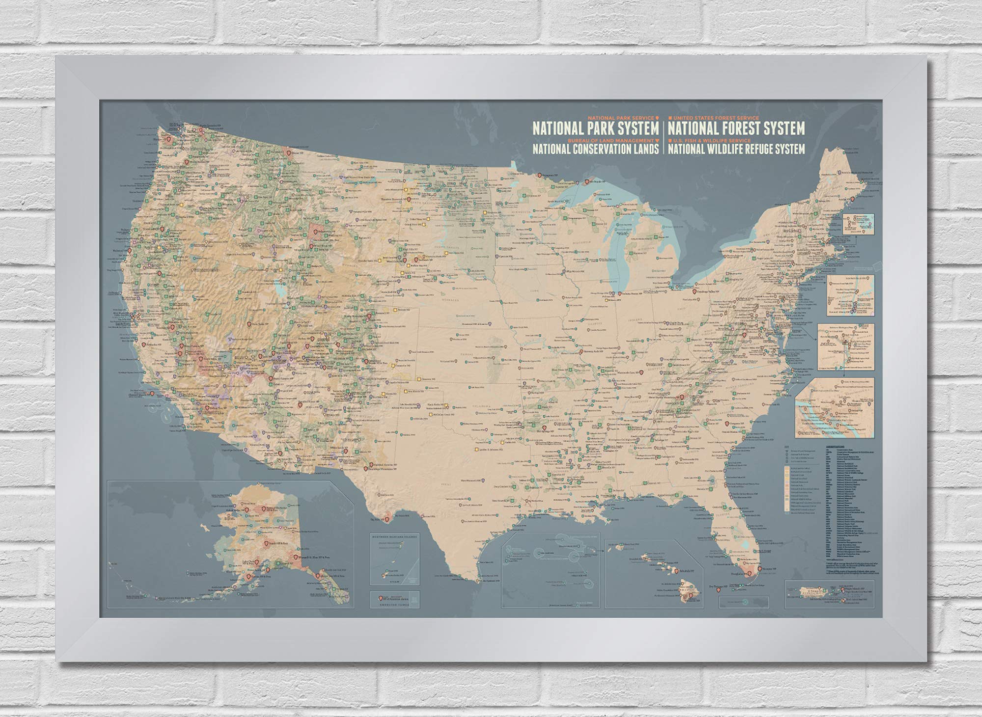 Interagency Map 24x36 Poster: National Park System, Forest Service, BLM & Wildlife Refuges | Tan & Slate Blue with Silver Frame | Perfect for Outdoor Enthusiasts, Classroom Decor & Travel Planning