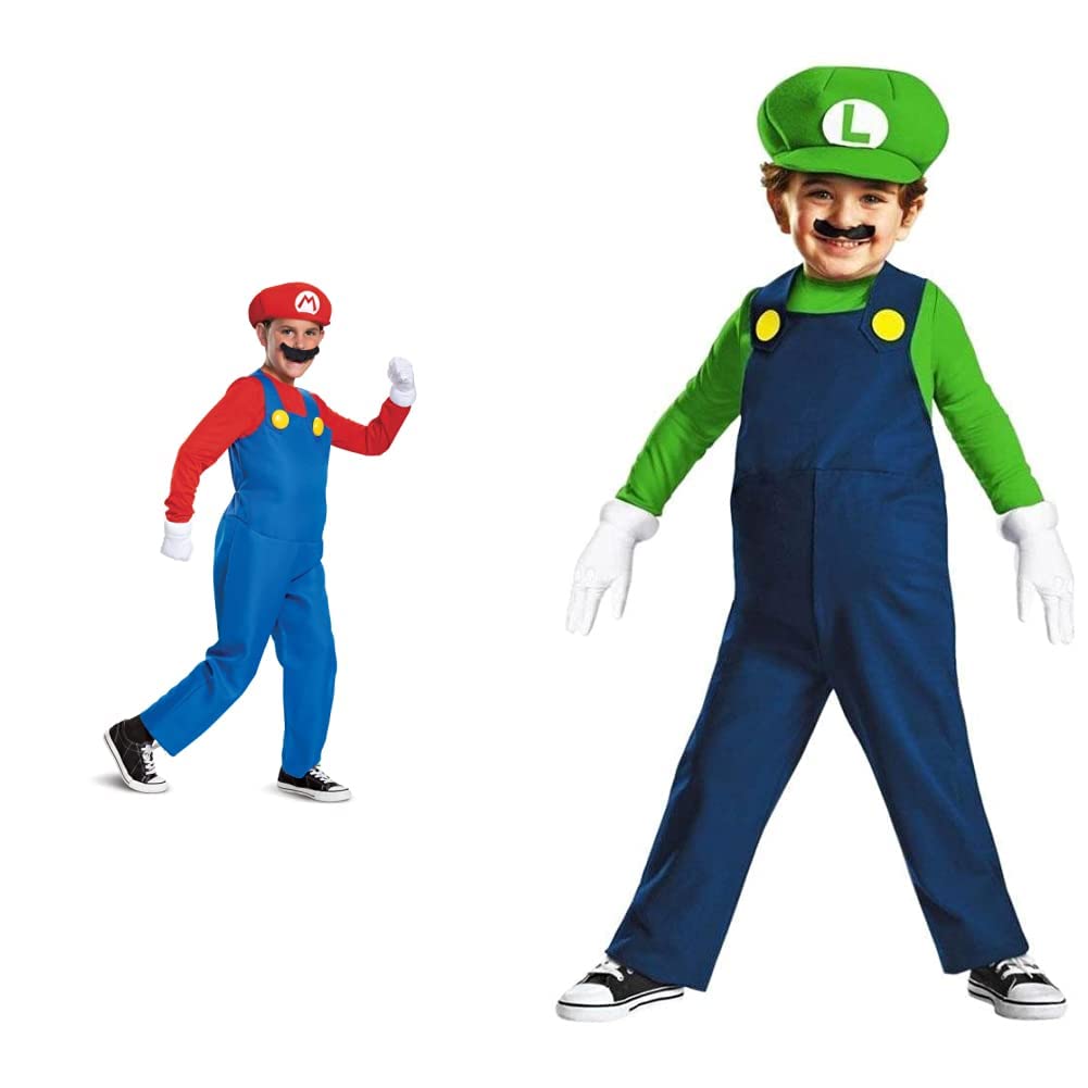 Nintendo Mario Deluxe Boys' Costume Red (Size S 4-6) & Luigi Toddler Costume (2T) - Super Mario Brothers Themed Outfits for Halloween, Cosplay, and Birthday Parties