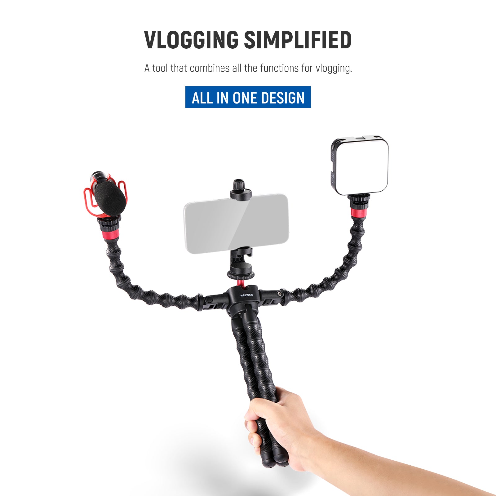 NEEWER T91 Adjustable Flexible Tripod Stand with 2 Magic Arms - Perfect for Photography, Videography, and Content Creation