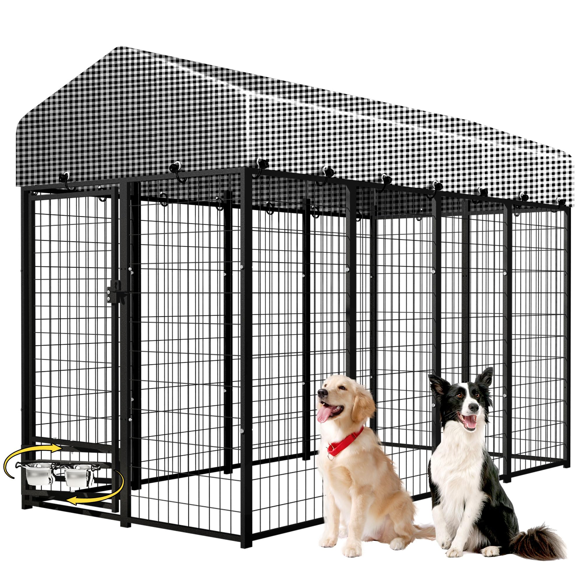 Heavy Duty Outdoor Dog Kennel for Large Dogs - 8'L x 4'W x 6'H Metal Dog Playpen with Roof Cover & Feeding Door - Weatherproof Yard Fence House for German Shepherds, Huskies - Perfect for Backyard, Camping & Outdoor Adventures