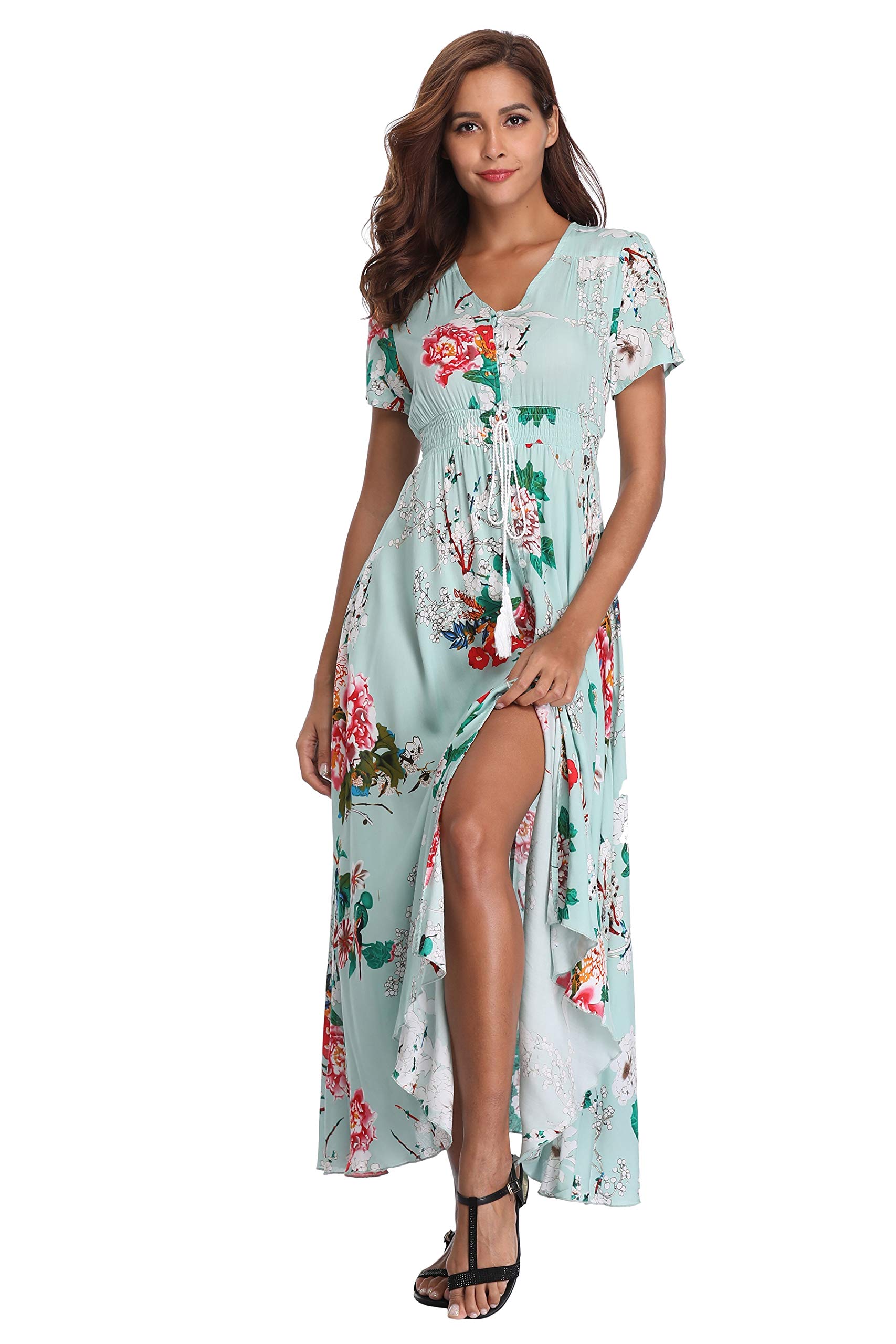 Ferrendo Women's Floral Maxi Dress - Button Up Boho Beach Dress with Side Slit & Flowery Print | Perfect for Summer Parties, Vacations & Beach Getaways