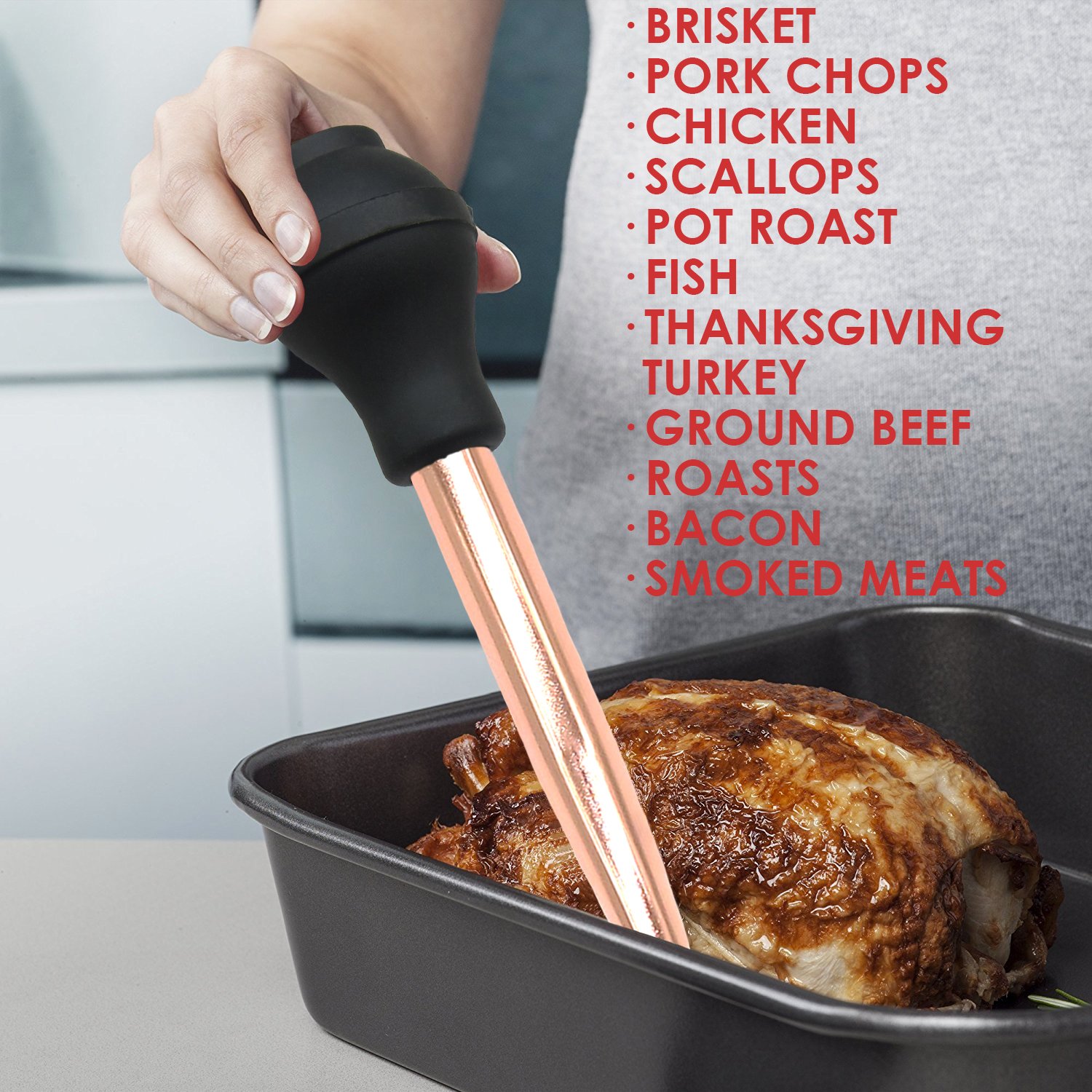 Premium Stainless Steel Turkey Baster with Silicone Bulb - FDA Approved Commercial Grade Kitchen Utensil Set Includes Marinade Injector & Cleaning Brush (Rose Gold) - Perfect for Thanksgiving, Roasting, Grilling & Basting Meats