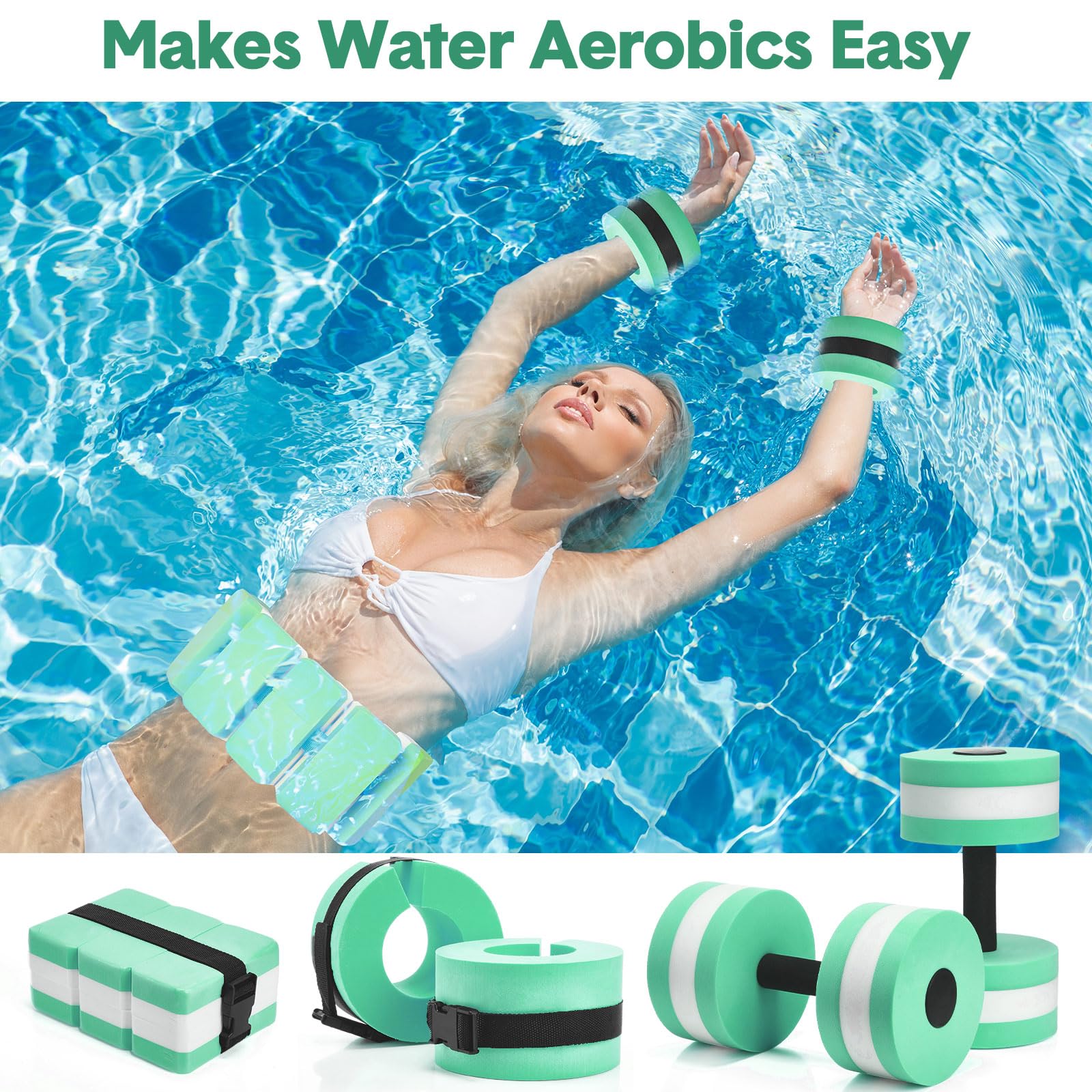 5-Piece Aquatic Exercise Set with 2 Ankle Weights, 2 Water Dumbbells & Swim Belt - Pool Fitness Equipment for Water Aerobics, Hydrotherapy & Low-Impact Workouts