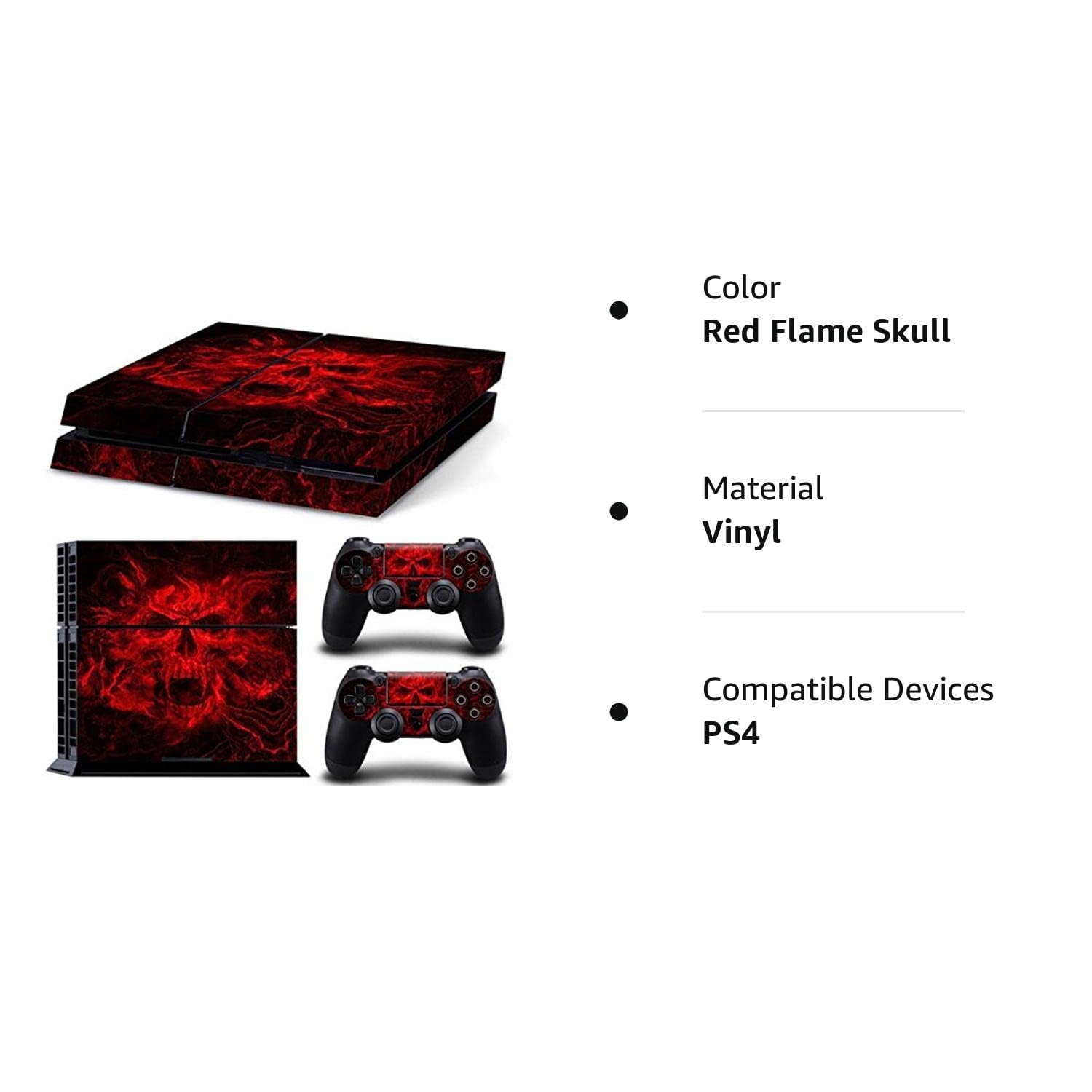 Gam3Gear Red Flame Skull Vinyl Sticker Decals for PS4 Console & Controller (Not Compatible with PS4 Slim/Pro) - Protective Skin Wrap for Gaming Setup & Customization