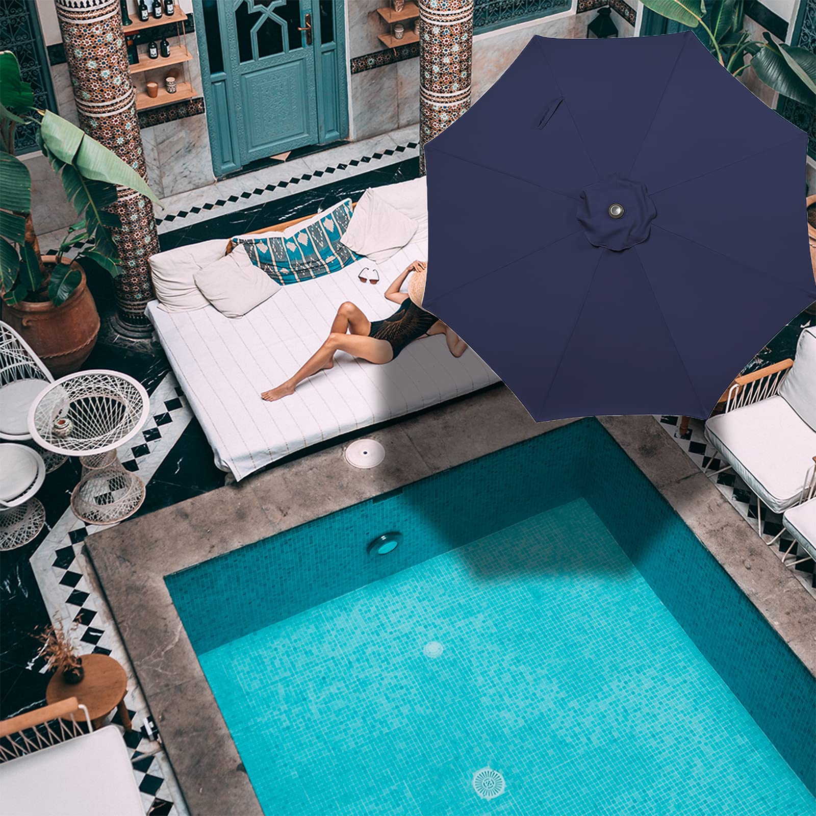 9 Ft Outdoor Patio Umbrella with Push Button Tilt & Crank Lift - 8 Ribs Market Umbrella for Garden, Poolside, Restaurant (Navy Blue) - Perfect for Outdoor Dining, Lounging and Commercial Use