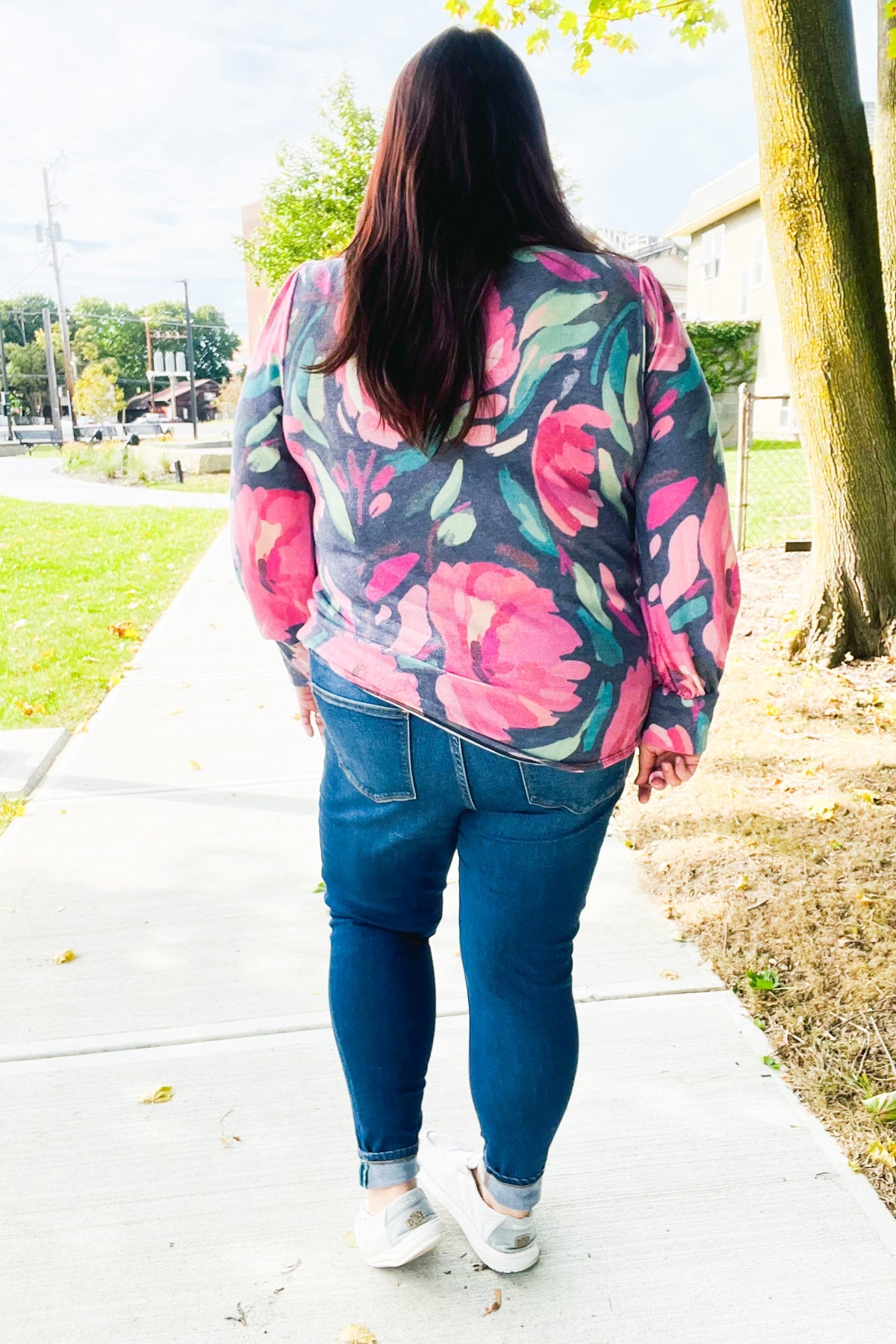 Navy Floral Brushed Hacci Sweater Top for Women - Soft Comfortable Knit Pullover for Fall & Winter | Perfect for Casual Outings, Office Wear & Date Nights