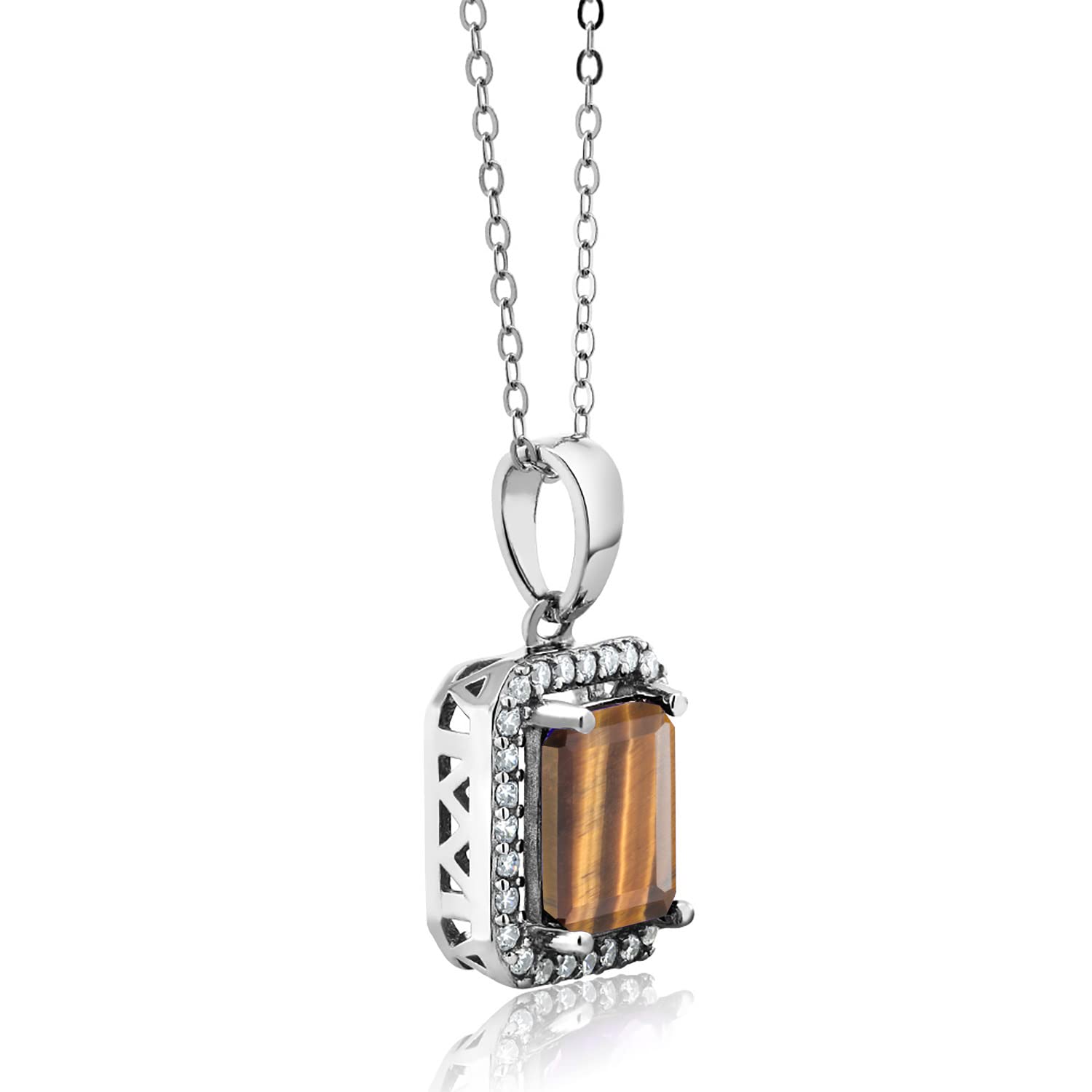 Gem Stone King 925 Sterling Silver Emerald Cut 9x7mm Birthstone Halo Pendant Necklace for Women with 18