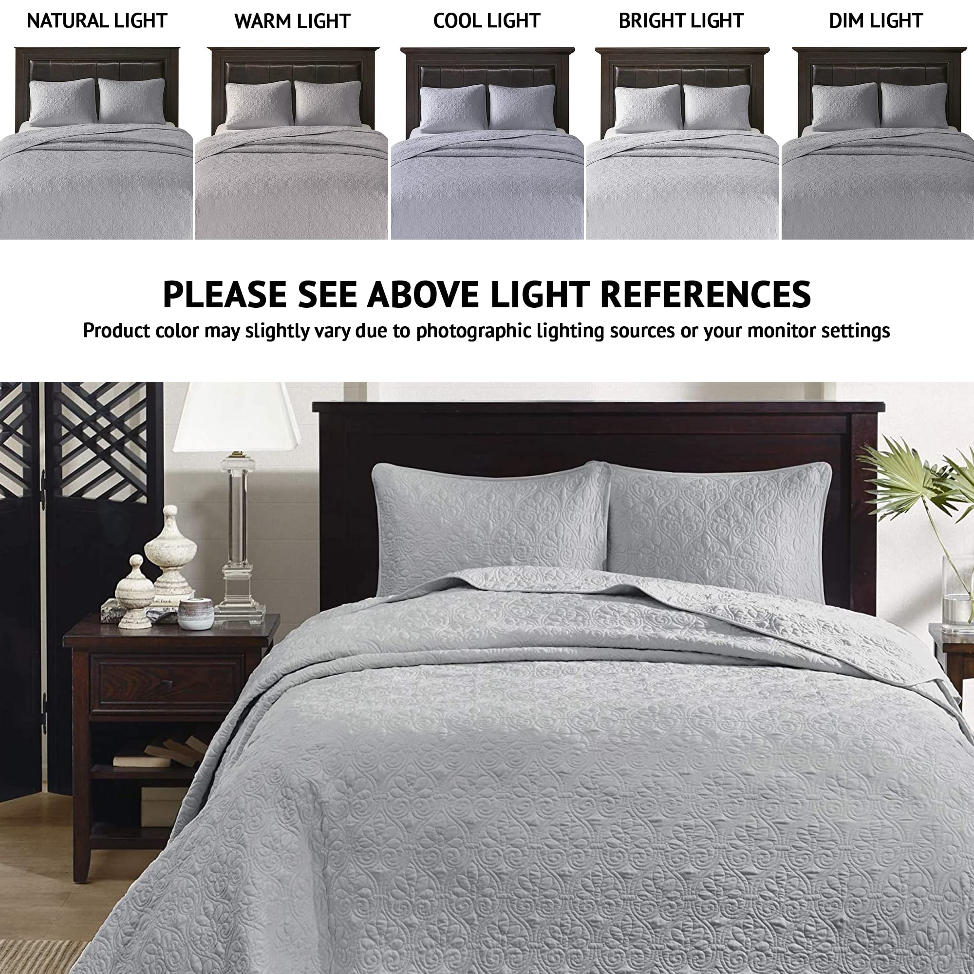 Madison Park Quebec Queen Size Quilt Bedding Set - Grey Damask 3-Piece Microfiber Bedspread | Ultra Soft & Breathable | Perfect for Master Bedroom, Guest Room & Cozy Home Decor