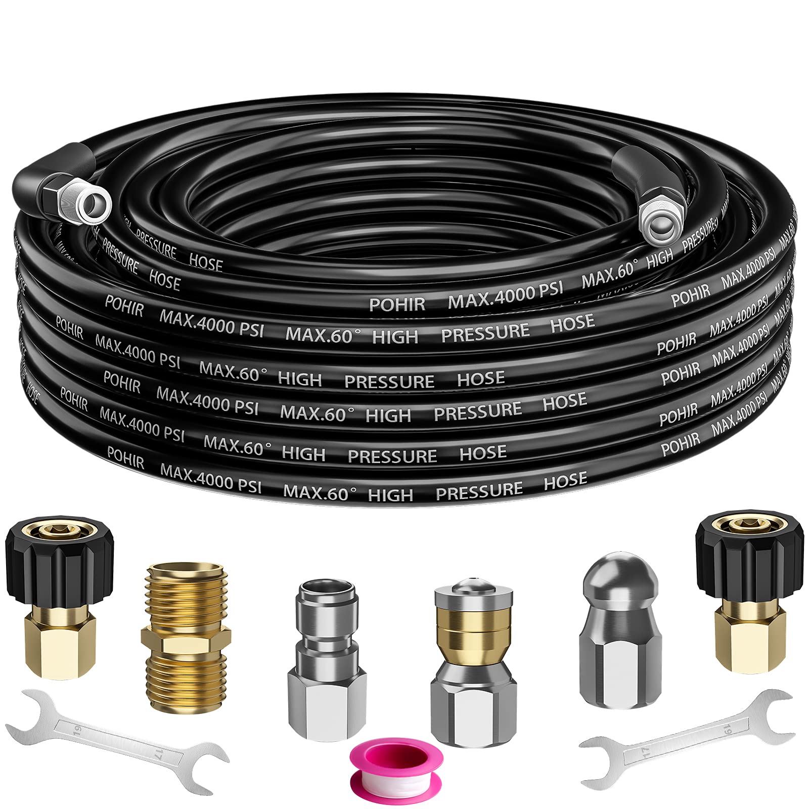 POHIR 25FT Sewer Jetter Kit for Pressure Washer - 4000 PSI Hydrojet Drain Cleaning Kit with Rotating Nozzle, Button Nose & 1/4” NPT - Heavy Duty Sewer Jetter Hose with Pressure Cleaner Nozzles - Perfect for Clogged Drains, Sewer Lines & Pipe Cleaning