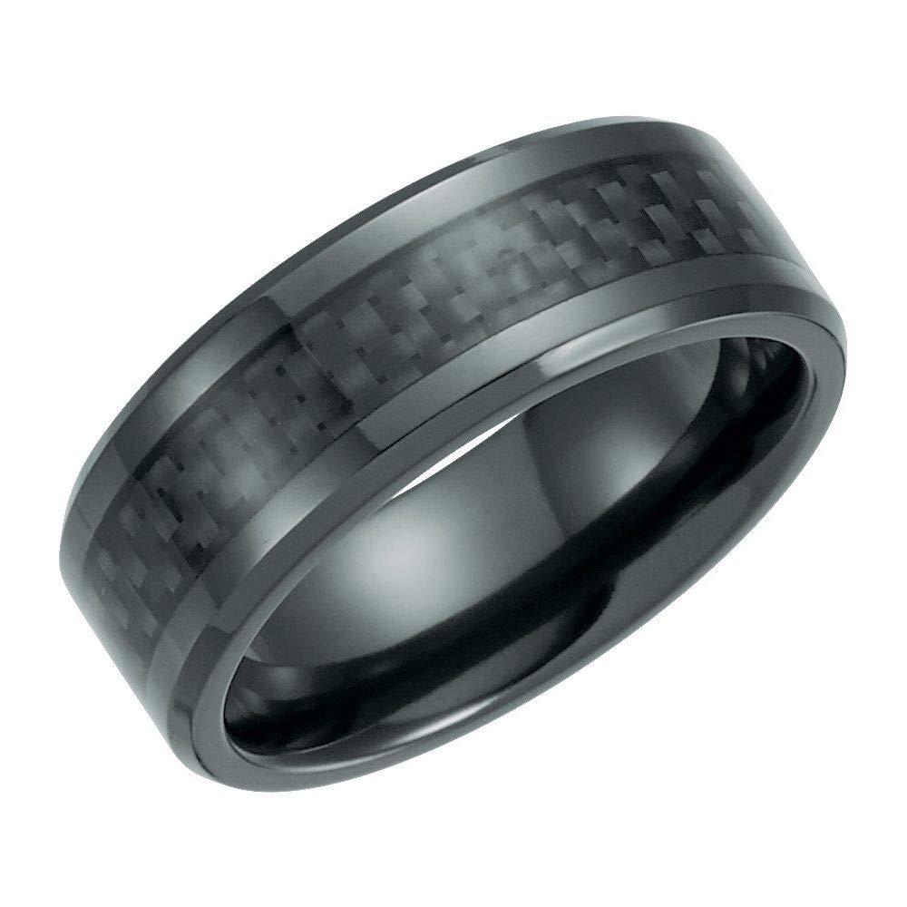 Sonia Jewels Black 8mm Beveled Wedding Band Ring with Carbon Fiber Inlay - Elegant Men's & Women's Wedding Ring for Anniversary, Engagement, and Special Occasions