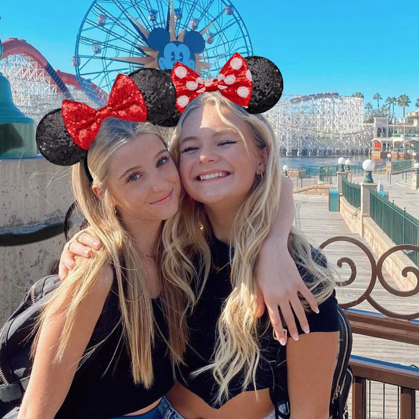 2 PCS Handmade Shiny Red Sequin Bow Mouse Ears Headbands for Women & Girls - Perfect for Disney Costumes, Christmas Parties, Birthday Celebrations & Cosplay Events