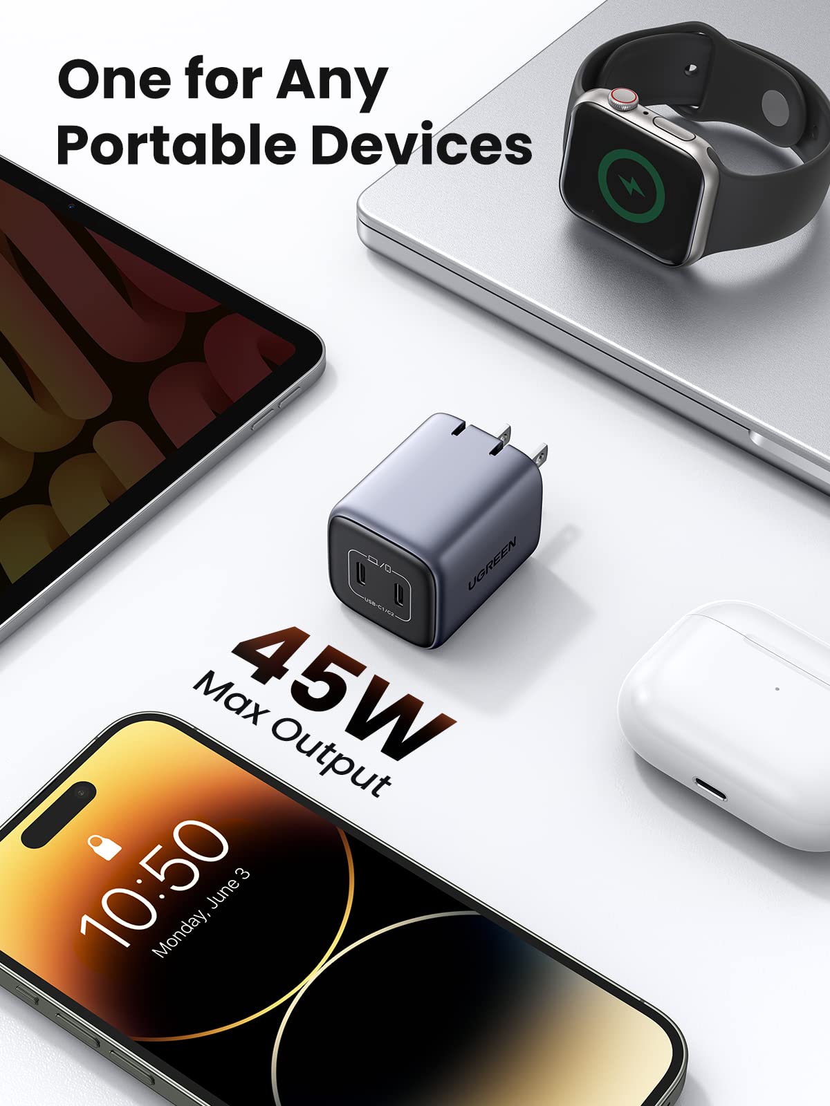 UGREEN Nexode 45W GaN PPS Dual USB C Fast Charger - Compact Wall Charger for Galaxy S24/S23/S22, iPhone 16, iPad, Pixel 9 - Super Fast Charging 2.0 Technology - Perfect for Travel, Office & Home Use (Black)