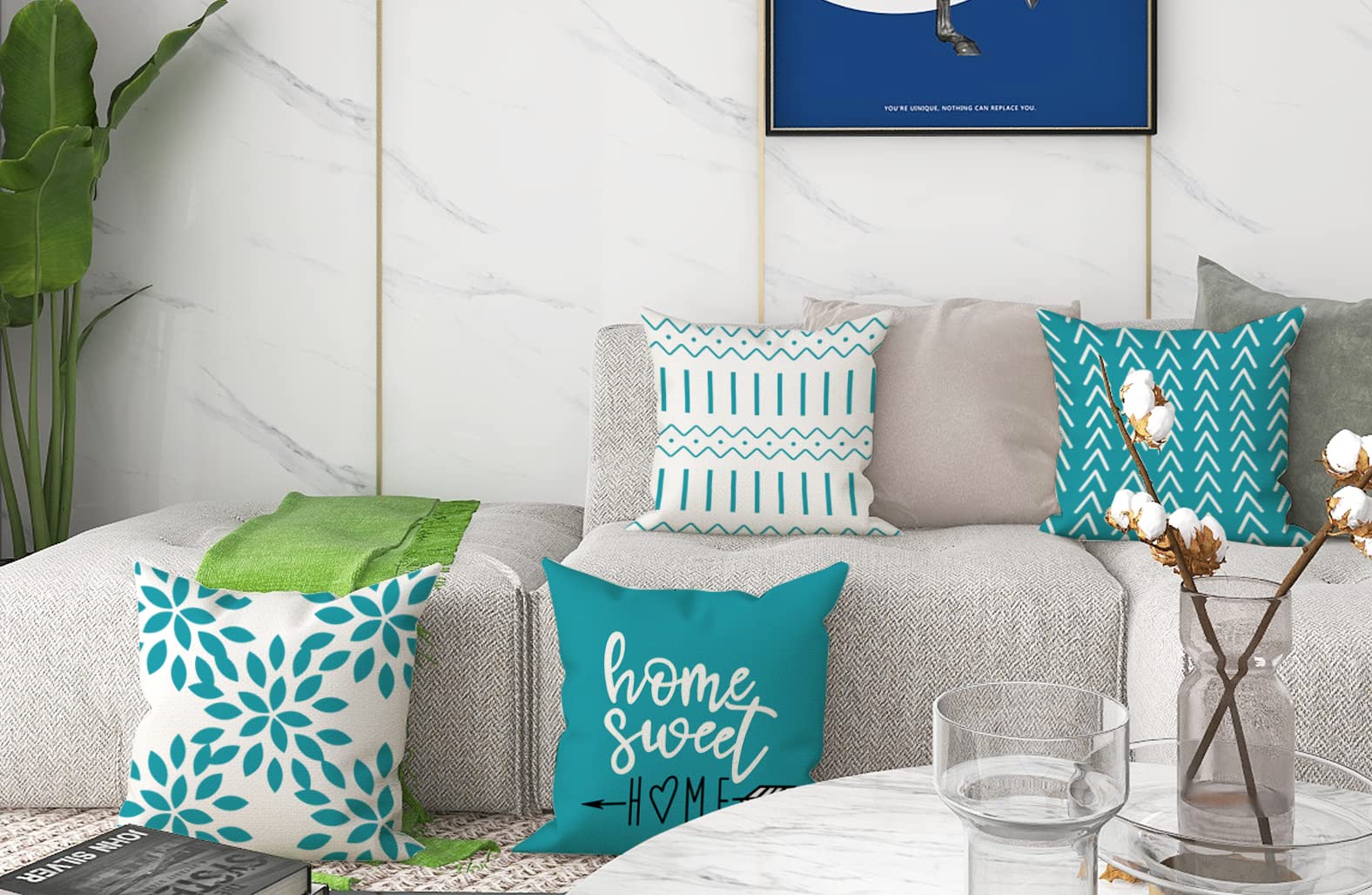 YCOLL 16x16 Inch Pillow Covers Set of 4 - Modern Linen Fabric Throw Pillow Cases for Sofa, Couch, Bed & Car - Decorative Outdoor Home Decor in Aqua Blue - Perfect for Living Room, Patio & Travel