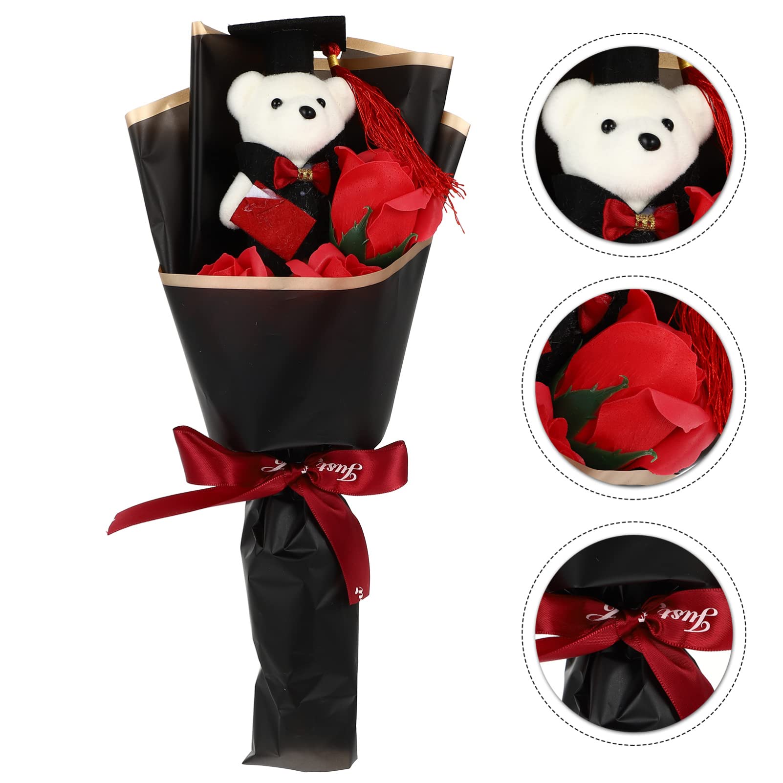 Alipis Graduation Bear Bouquet - Mini Plush Teddy Bear with Artificial Roses, Floral Arrangement for Graduation Gifts (Red) - Perfect for Graduation Ceremonies, Parties, and Decorations