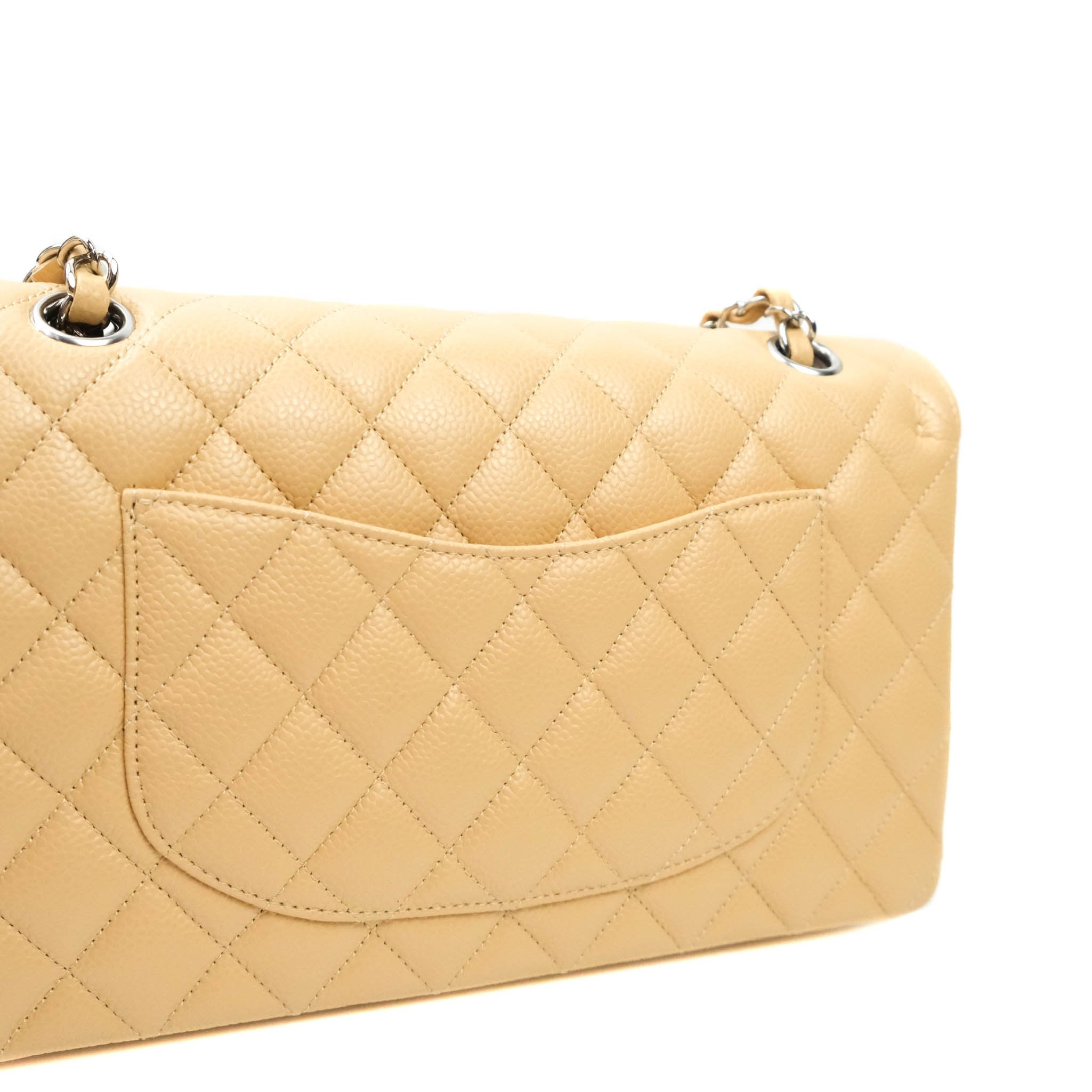 Chanel Classic M/L Medium Double Flap Bag in Beige Caviar Leather with Silver Hardware - Luxury Handbag for Women, Perfect for Work, Parties & Everyday Use