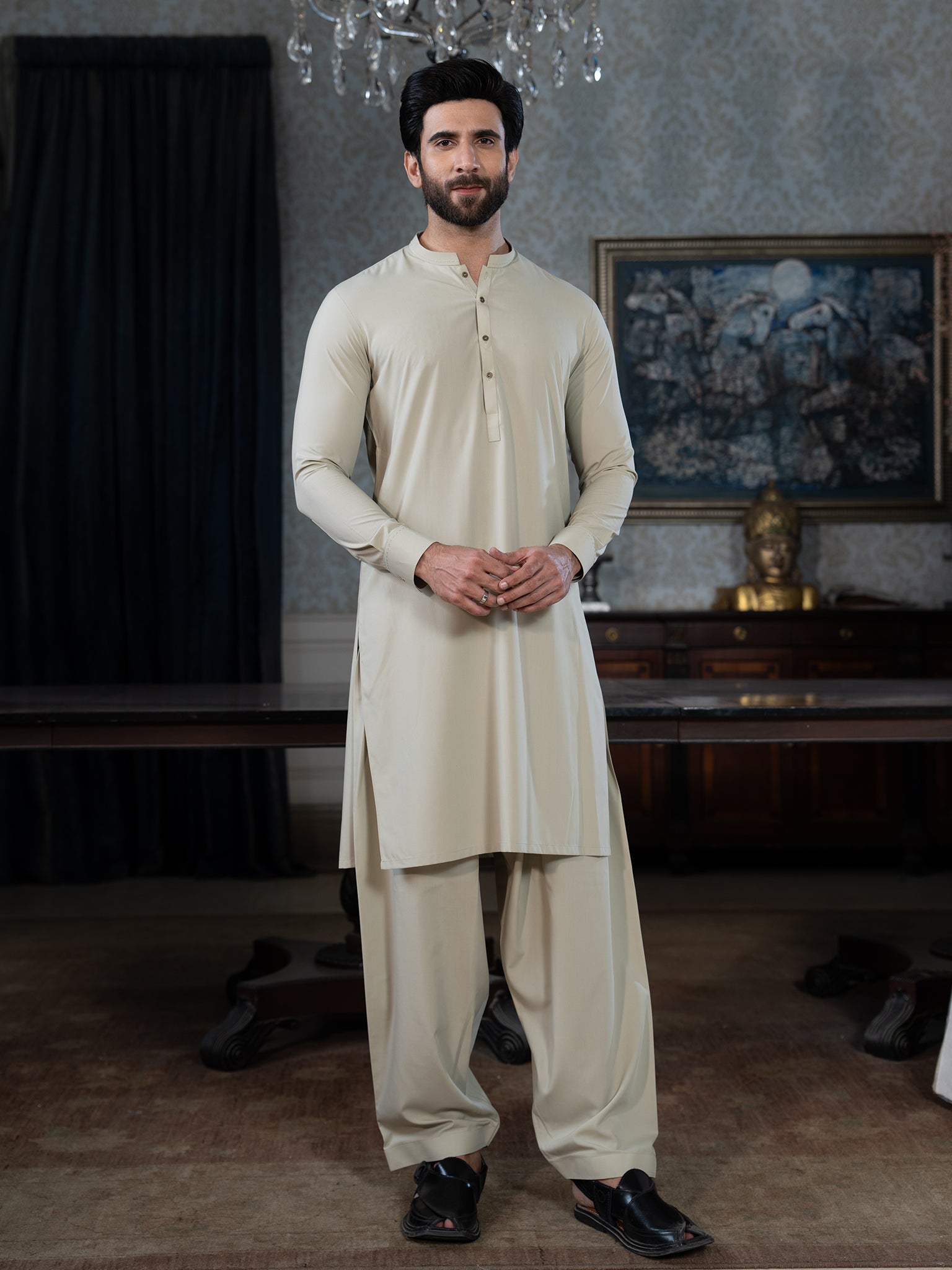 Blended Stripes Moss Grey Kurta Trouser by J. Junaid Jamshed | Premium Pakistani Ethnic Wear for Men | Perfect for Eid, Weddings & Formal Occasions